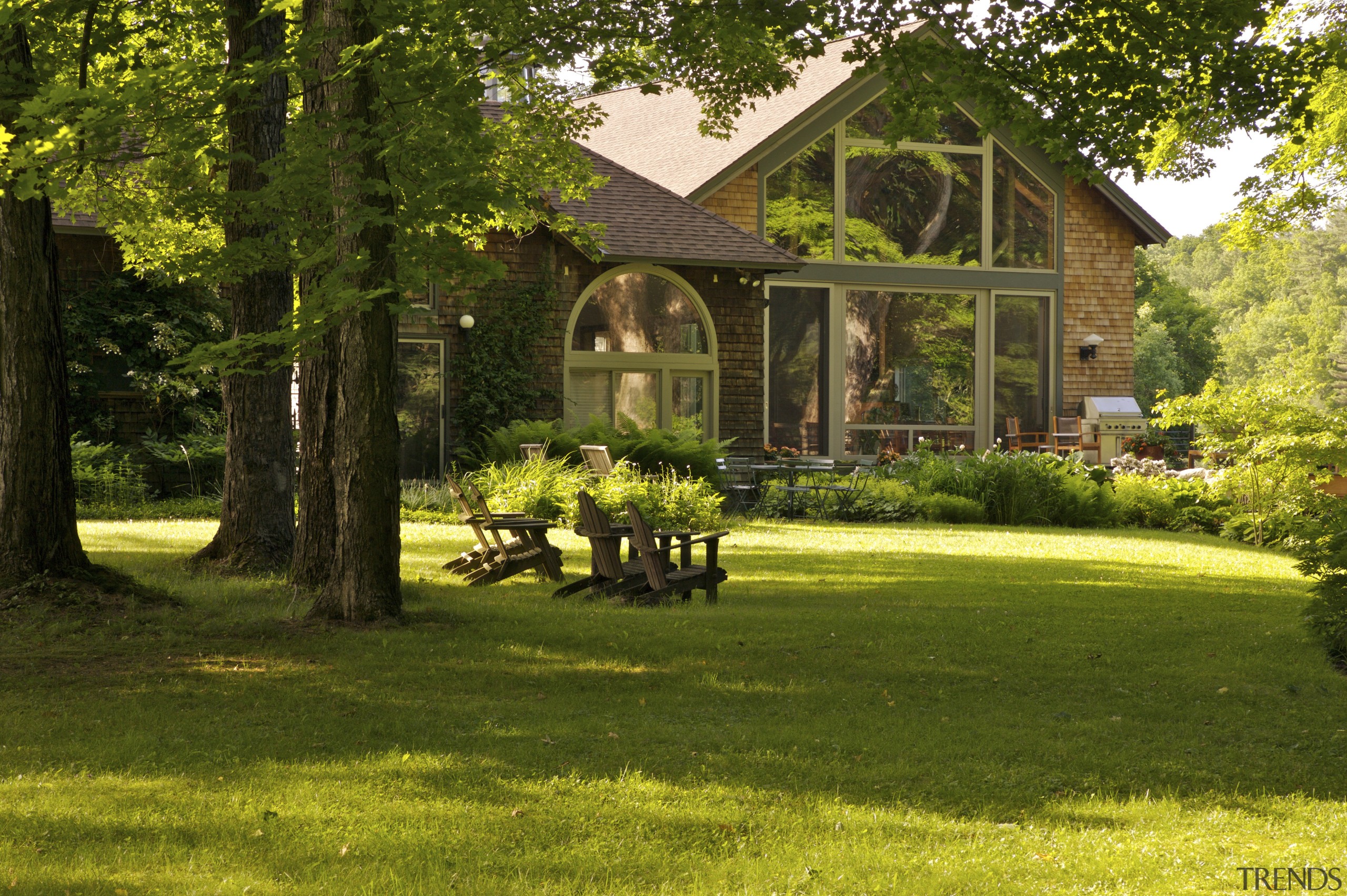 Exterior view of the house and also showing cottage, estate, farmhouse, garden, grass, home, house, landscape, landscaping, lawn, plant, plantation, property, real estate, tree, yard, brown