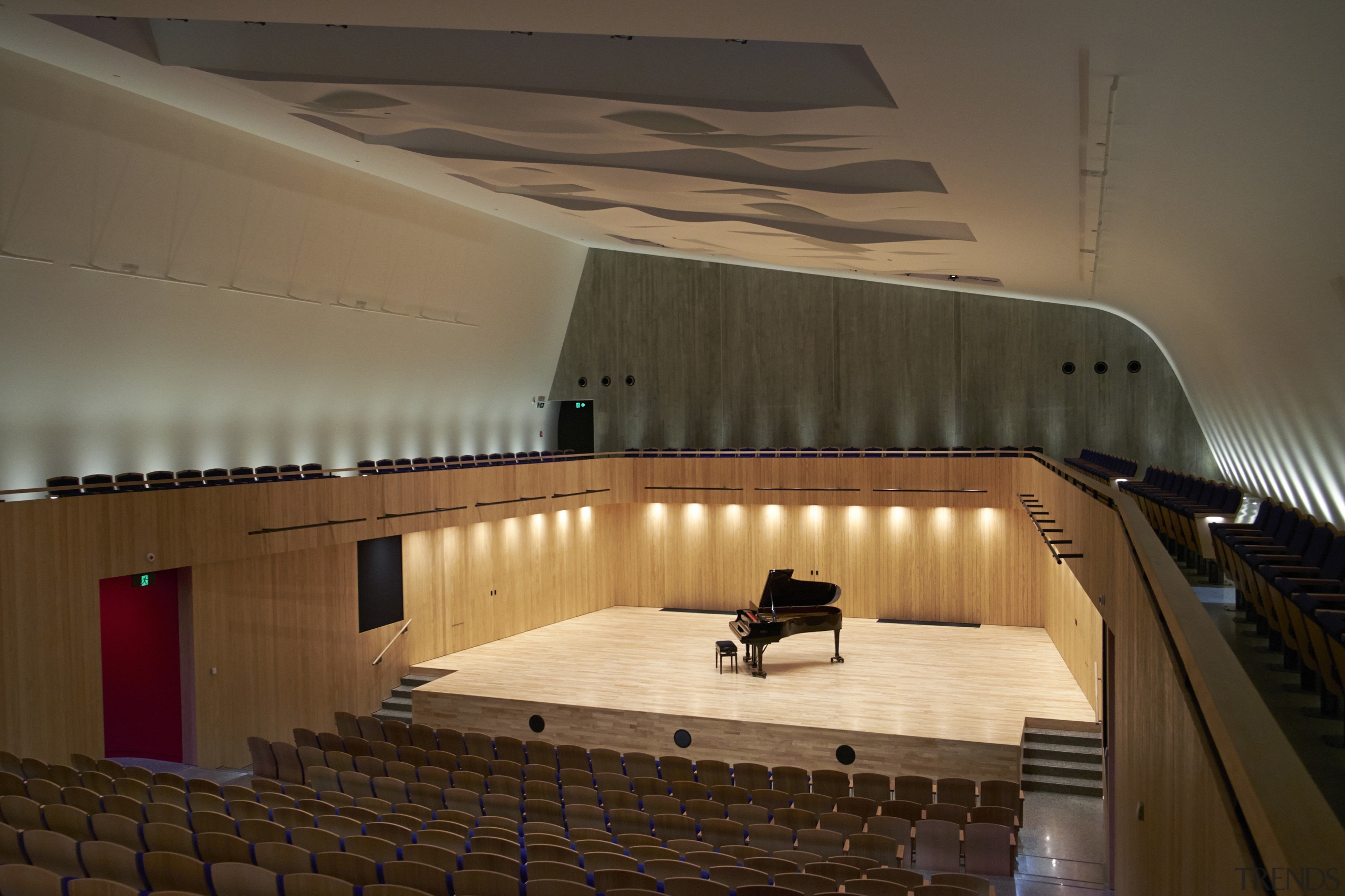 The 400-seat concert chamber at The Blyth Performing architecture, auditorium, ceiling, concert hall, daylighting, floor, flooring, interior design, performing arts center, stairs, theatre, tourist attraction, wall, wood, brown