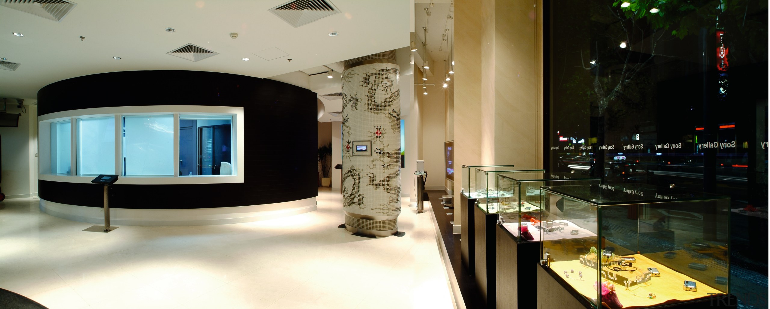 A view of the Sony gallery, polished concrete exhibition, interior design, black