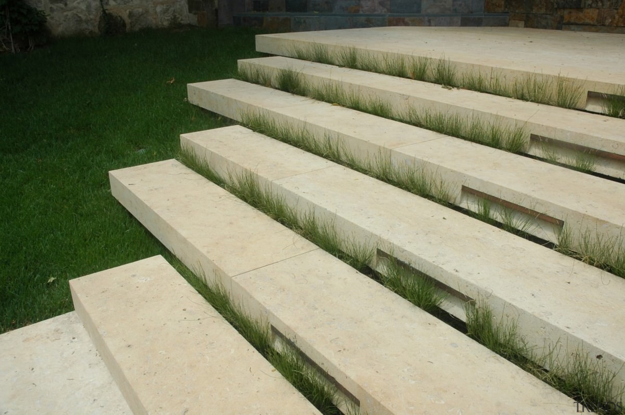Stone steps connect the different areas - Stone grass, walkway, wall, wood, orange