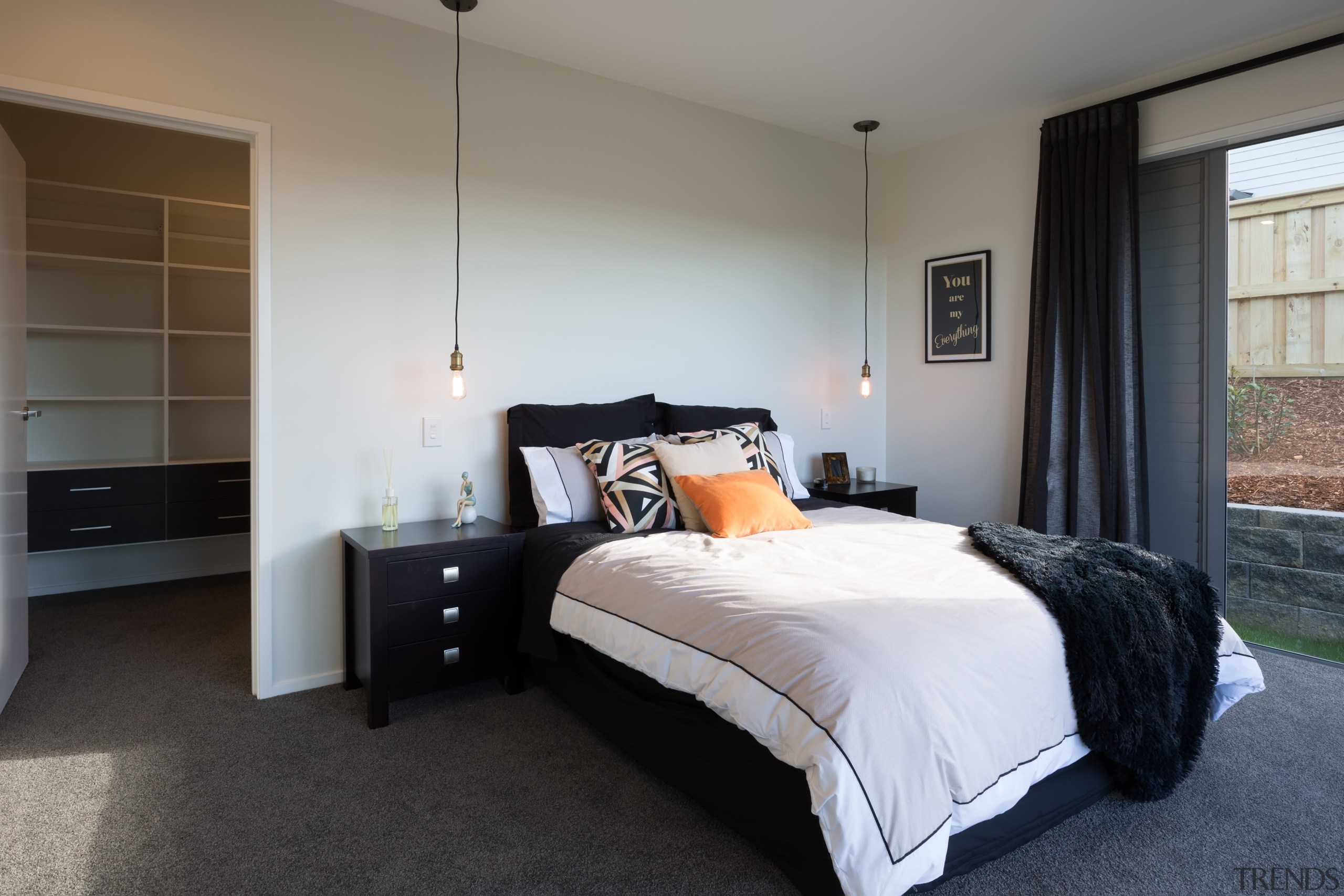 Landmark Homes Riverhead Design Master Bedroom - Landmark bed frame, bedroom, floor, furniture, home, interior design, property, real estate, room, wall, window, gray, black