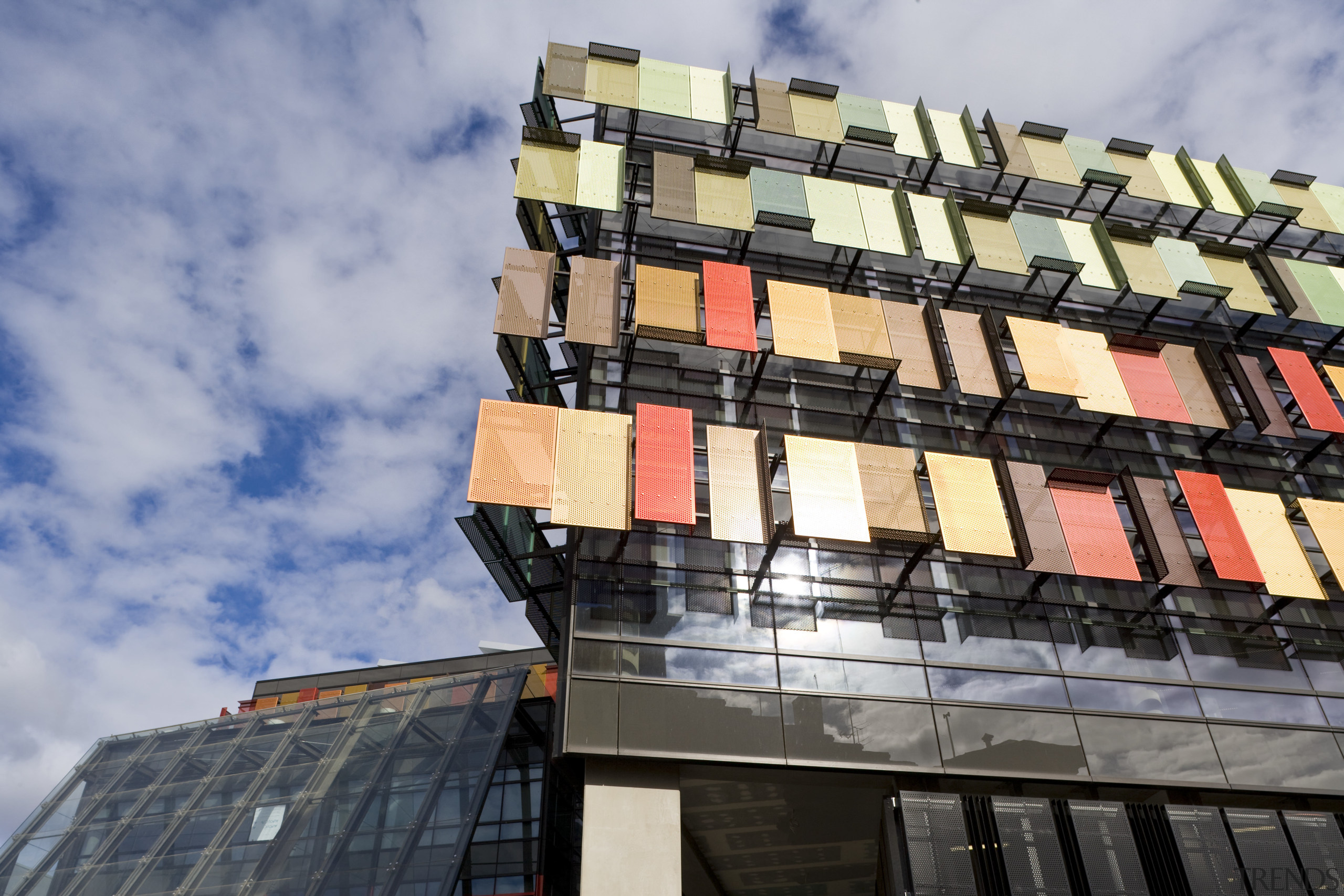 Exterior view of the Bendigo Bank sustainable building architecture, building, condominium, facade, roof, sky, gray, black