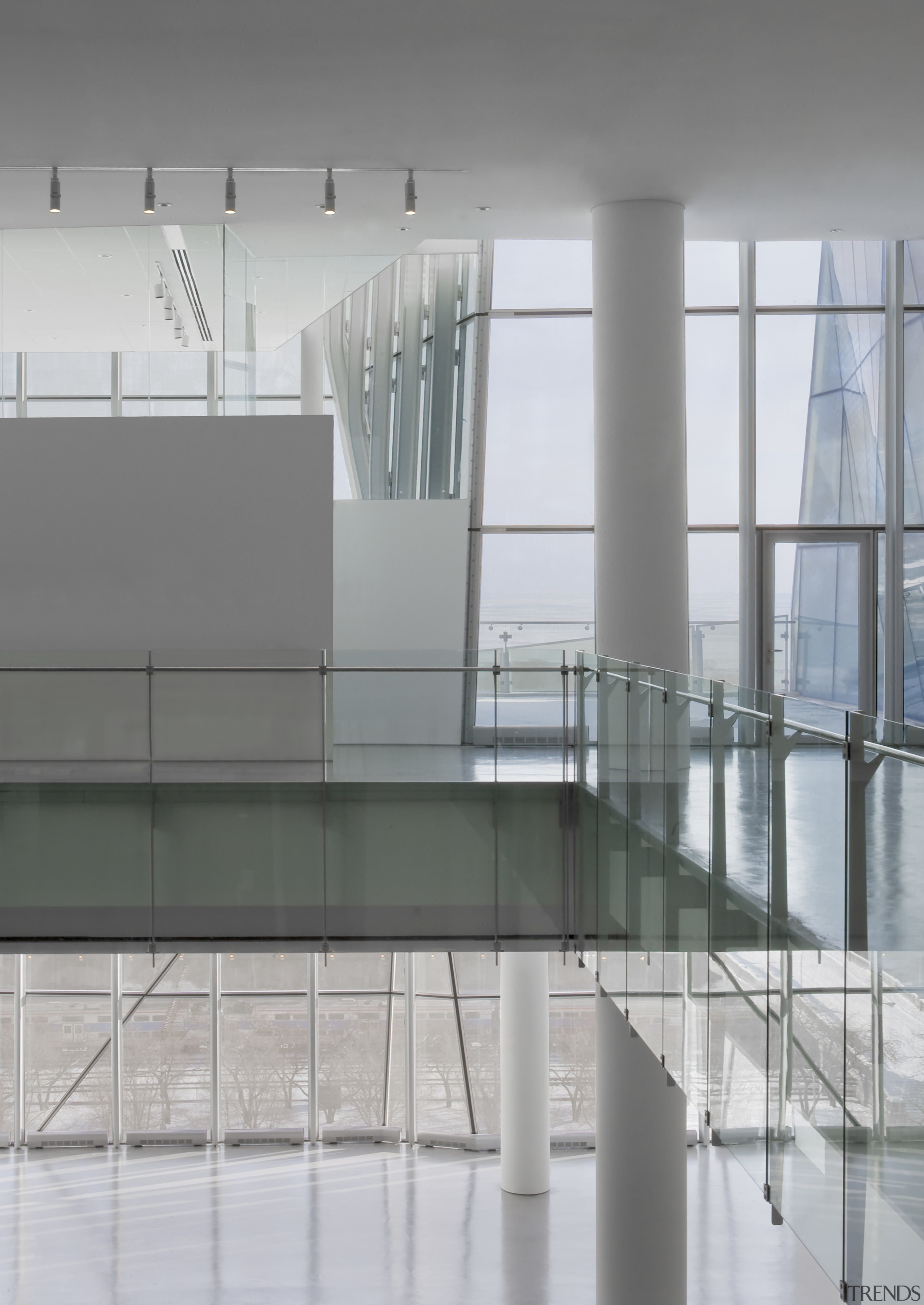 Folded white walls highlight the rear of the architecture, building, daylighting, glass, handrail, structure, tourist attraction, gray