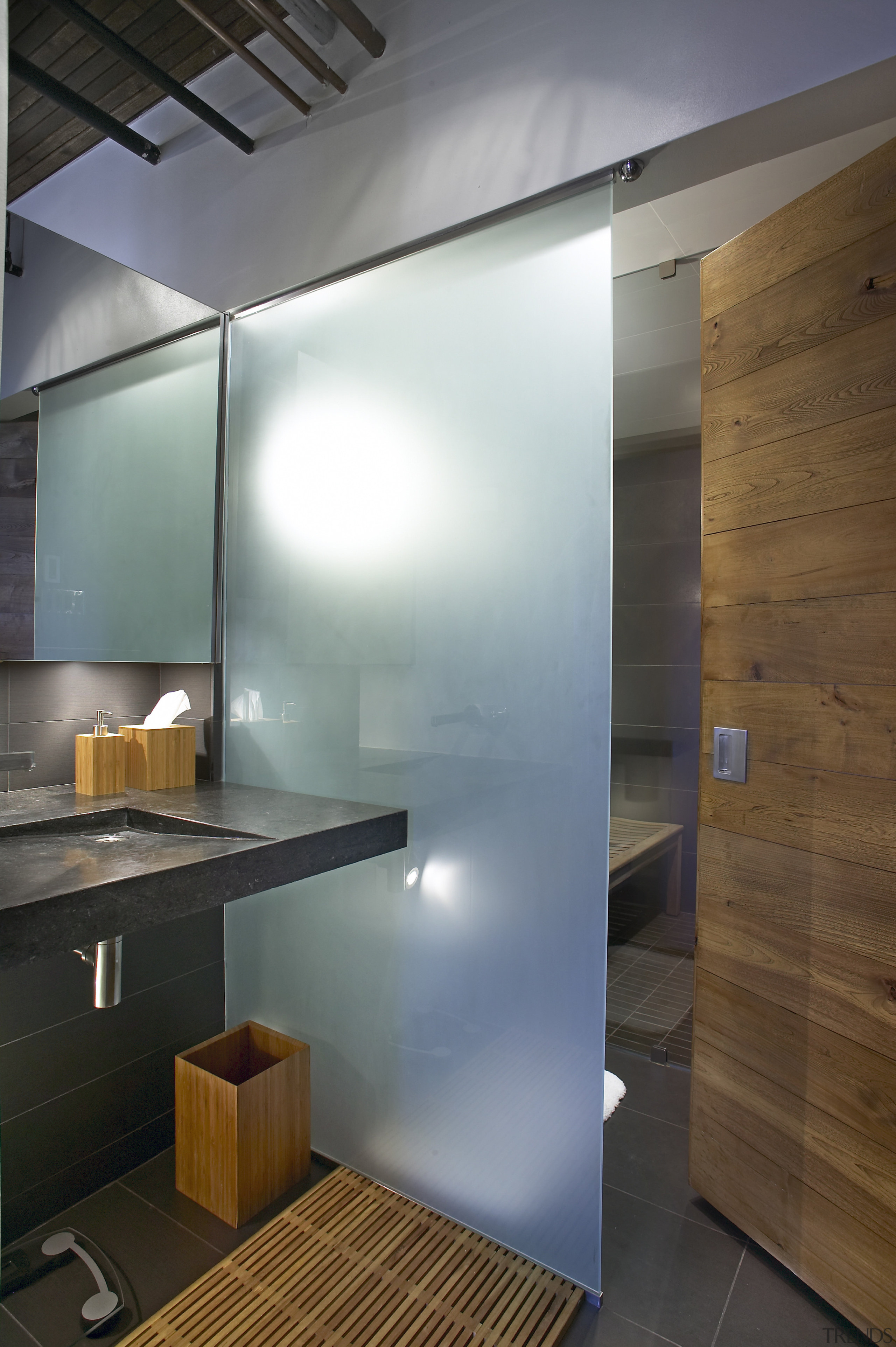 This basin was designed by Babbage Consultants. There architecture, ceiling, daylighting, floor, glass, house, interior design, wall, wood, gray