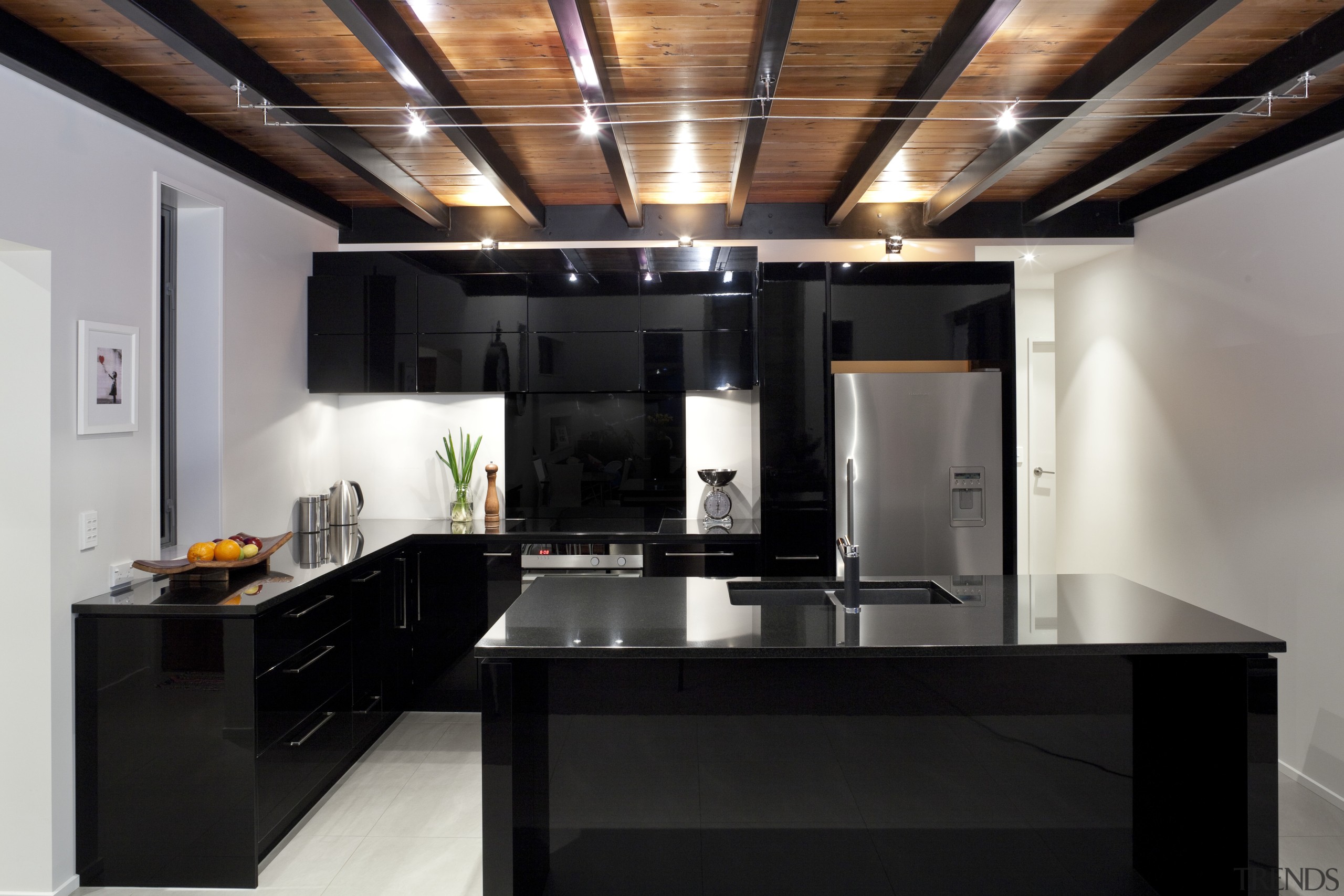 This kitchen, designed by the owner in conjunction countertop, home appliance, interior design, kitchen, black