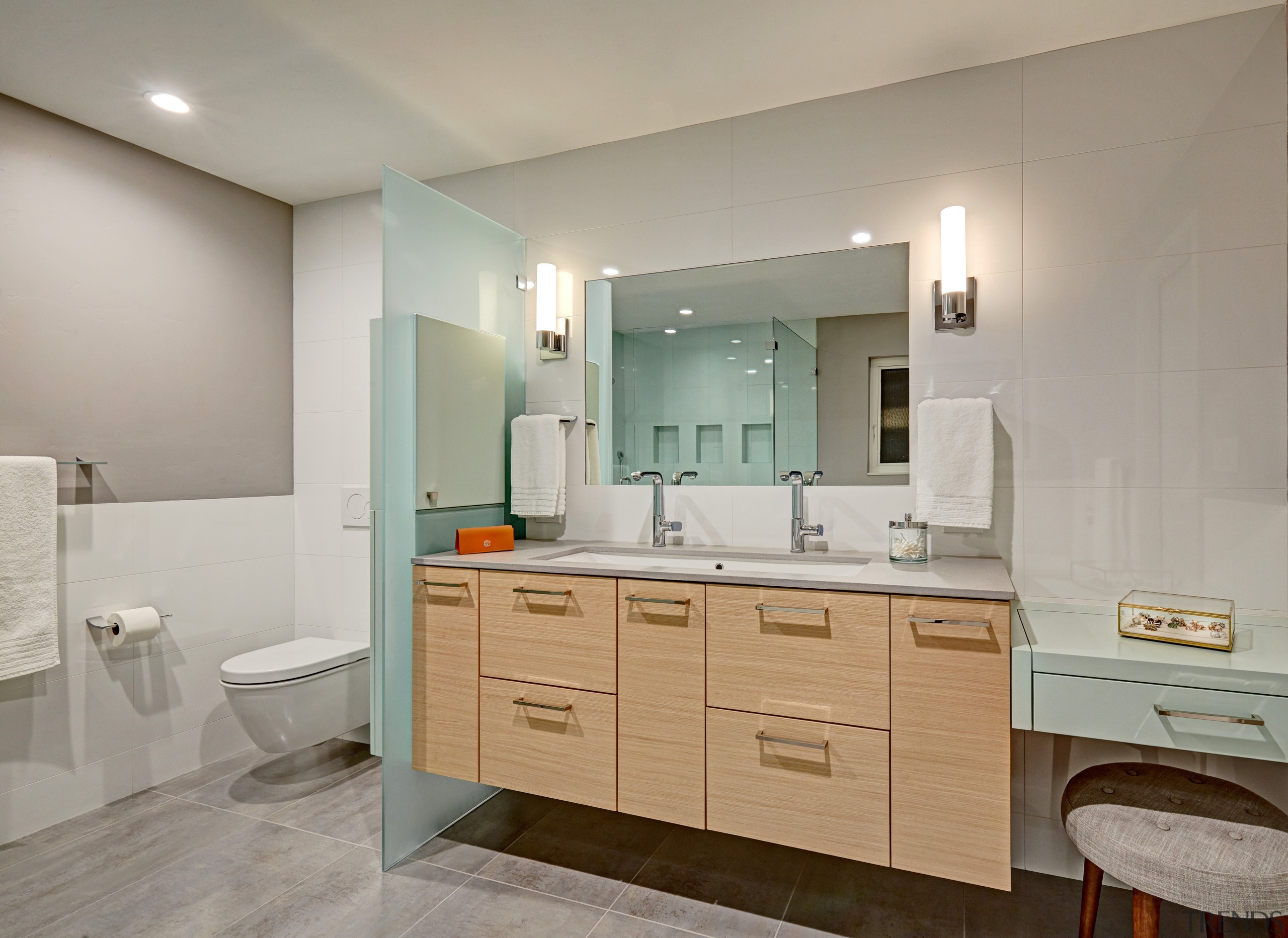 ​​​​​​​An original Mid-Century Modern bathroom might have had architecture, bathroom, bathroom cabinet, vanity, floor, plumbing fixture, tile, gray, Nar Design Group
