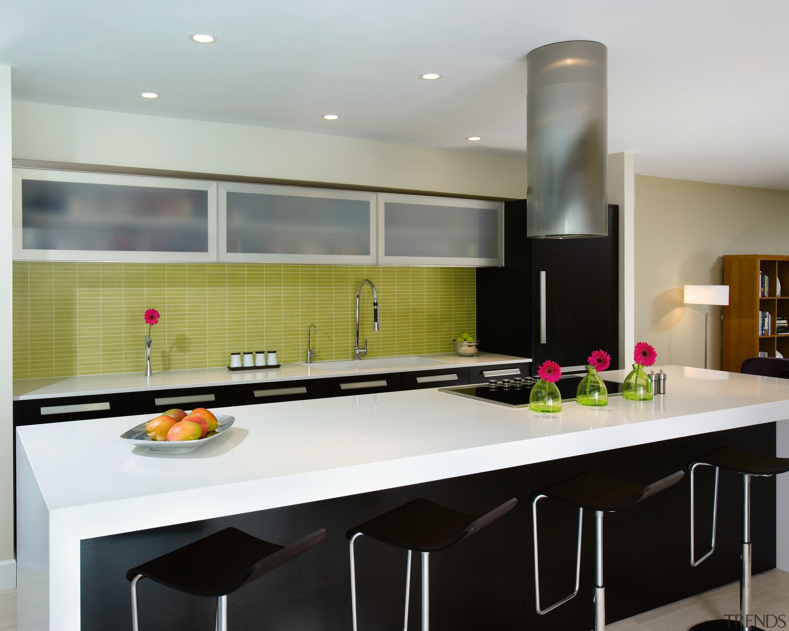 A view of the sleek kitchen  featturing countertop, interior design, kitchen, gray