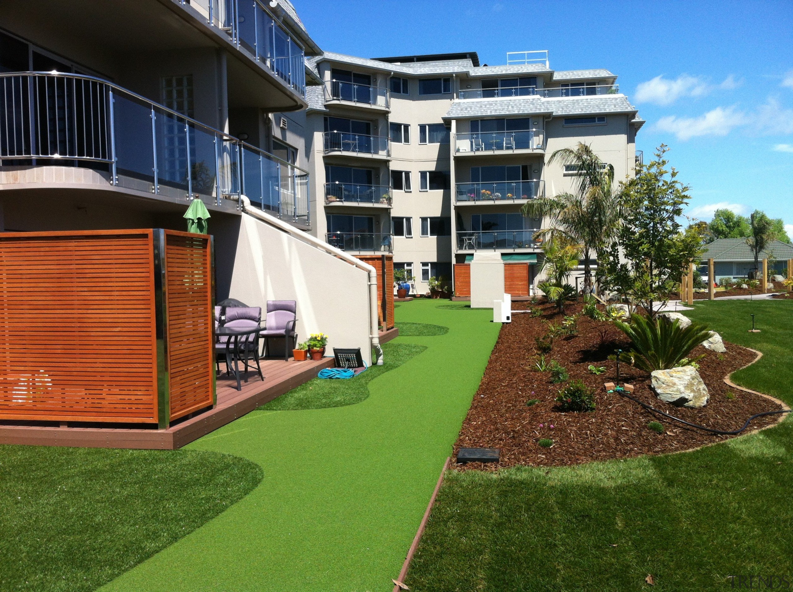 Commercial landscape - apartment | architecture | backyard apartment, architecture, backyard, elevation, estate, facade, grass, home, house, landscaping, lawn, neighbourhood, plant, property, real estate, residential area, yard, brown