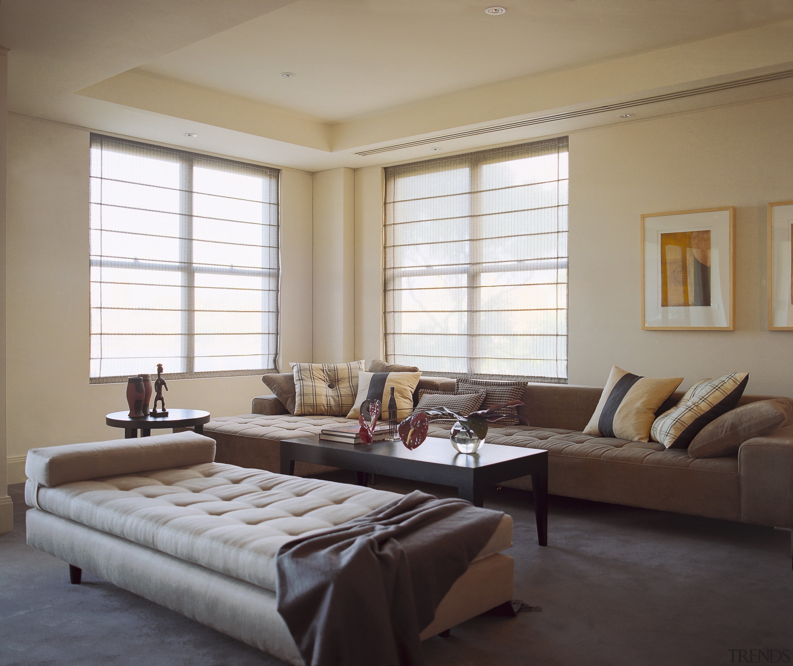 View of the living space, carpet, chaise lounge ceiling, curtain, floor, flooring, home, interior design, living room, room, window, window blind, window covering, window treatment, gray