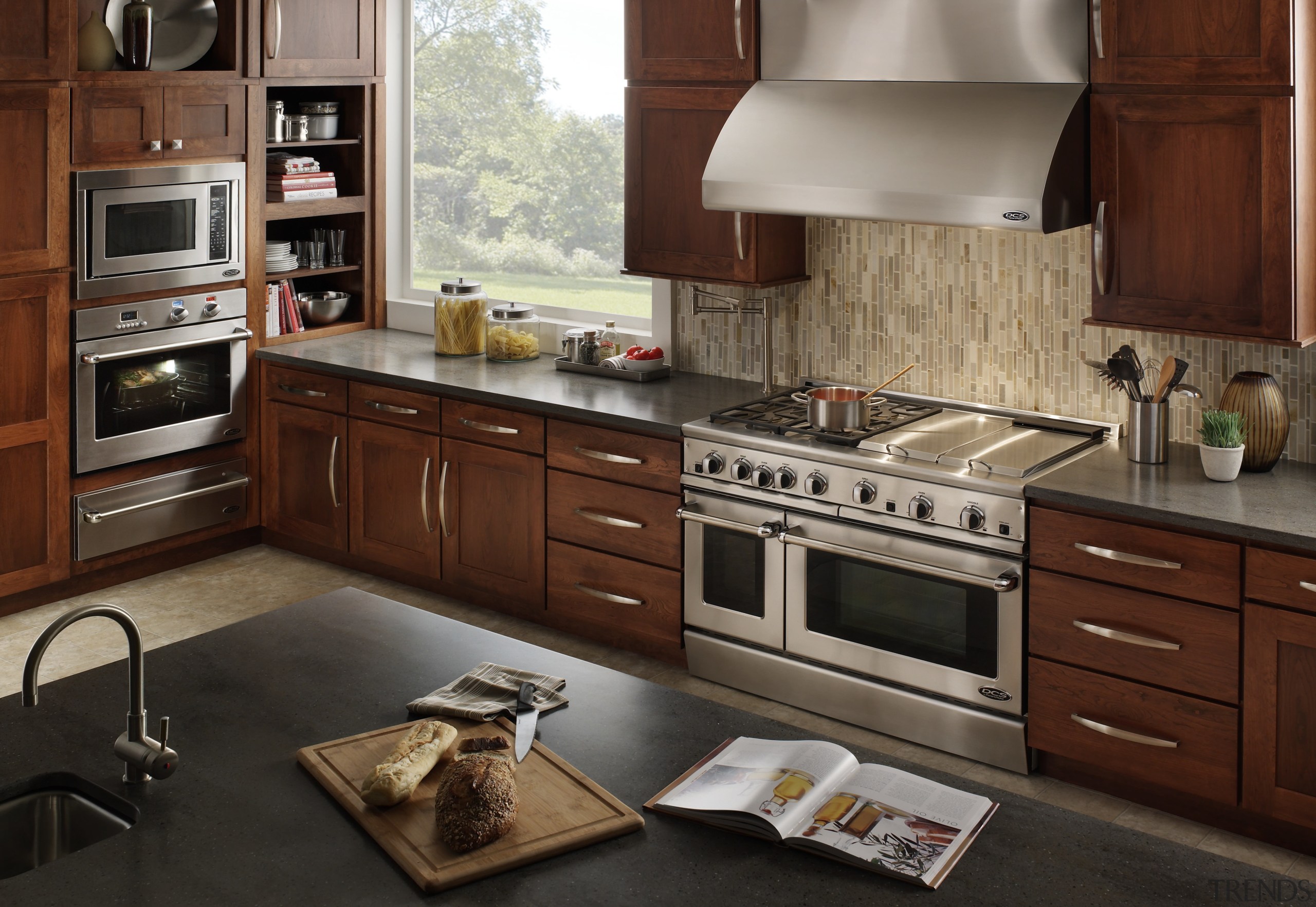 View of kitchen with DCS appliances by Fisher cabinetry, countertop, cuisine classique, home appliance, interior design, kitchen, kitchen appliance, kitchen stove, brown