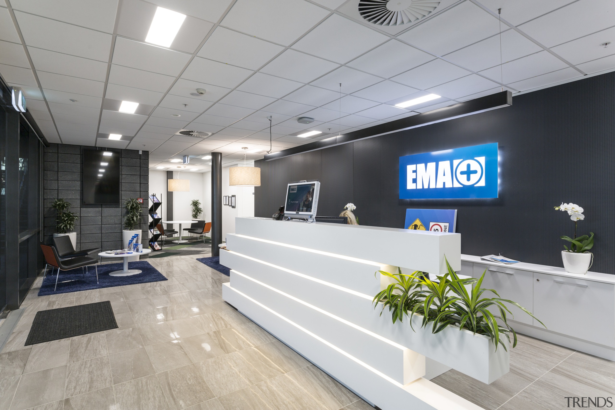 EMAs reception is located on the ground floor interior design, lobby, office, gray