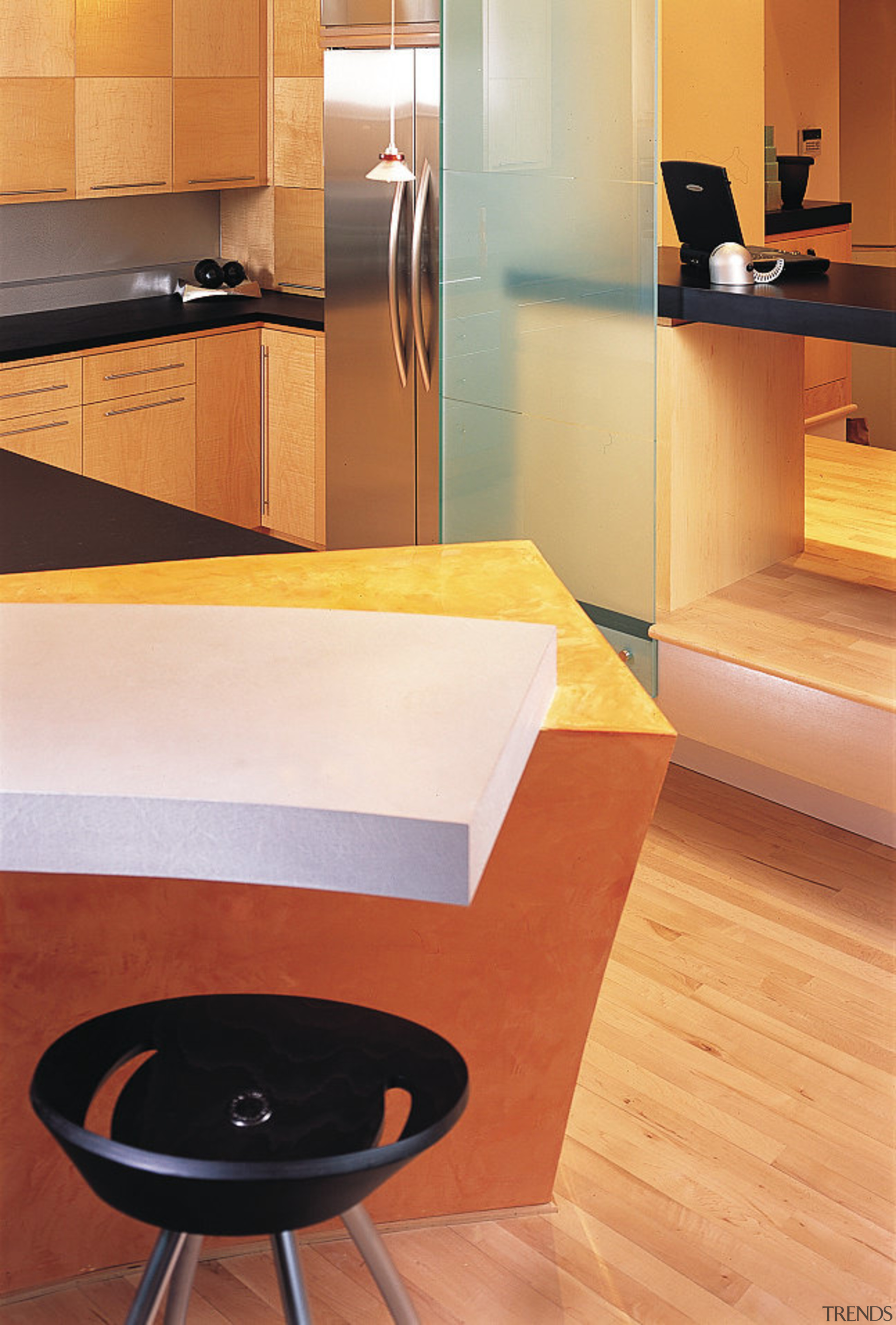 View of the kitchen area - View of countertop, floor, flooring, furniture, hardwood, interior design, kitchen, laminate flooring, product design, table, tile, wall, wood, wood flooring, orange