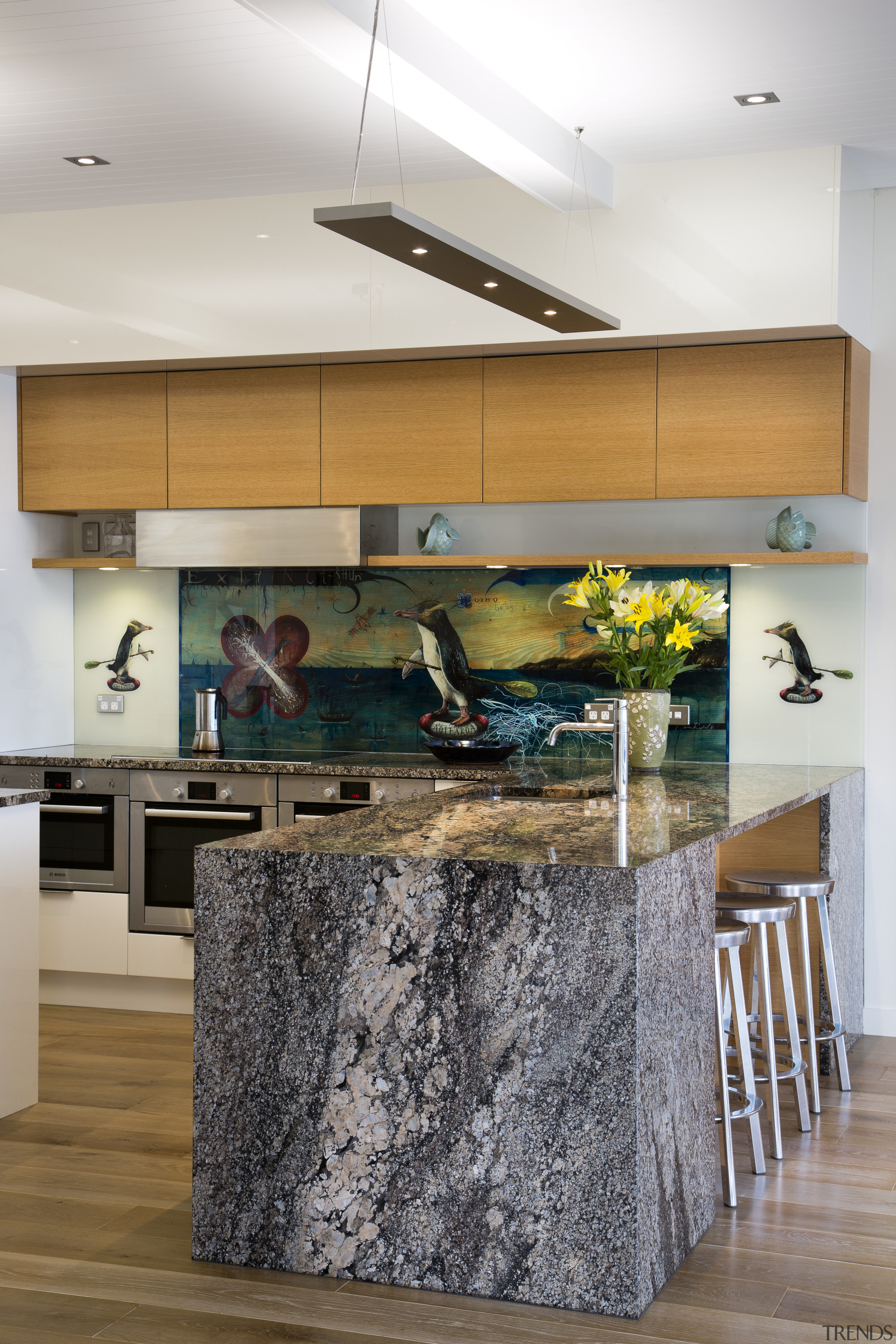 In this waterfront home, the kitchen splashback comprises countertop, floor, interior design, kitchen, room, white