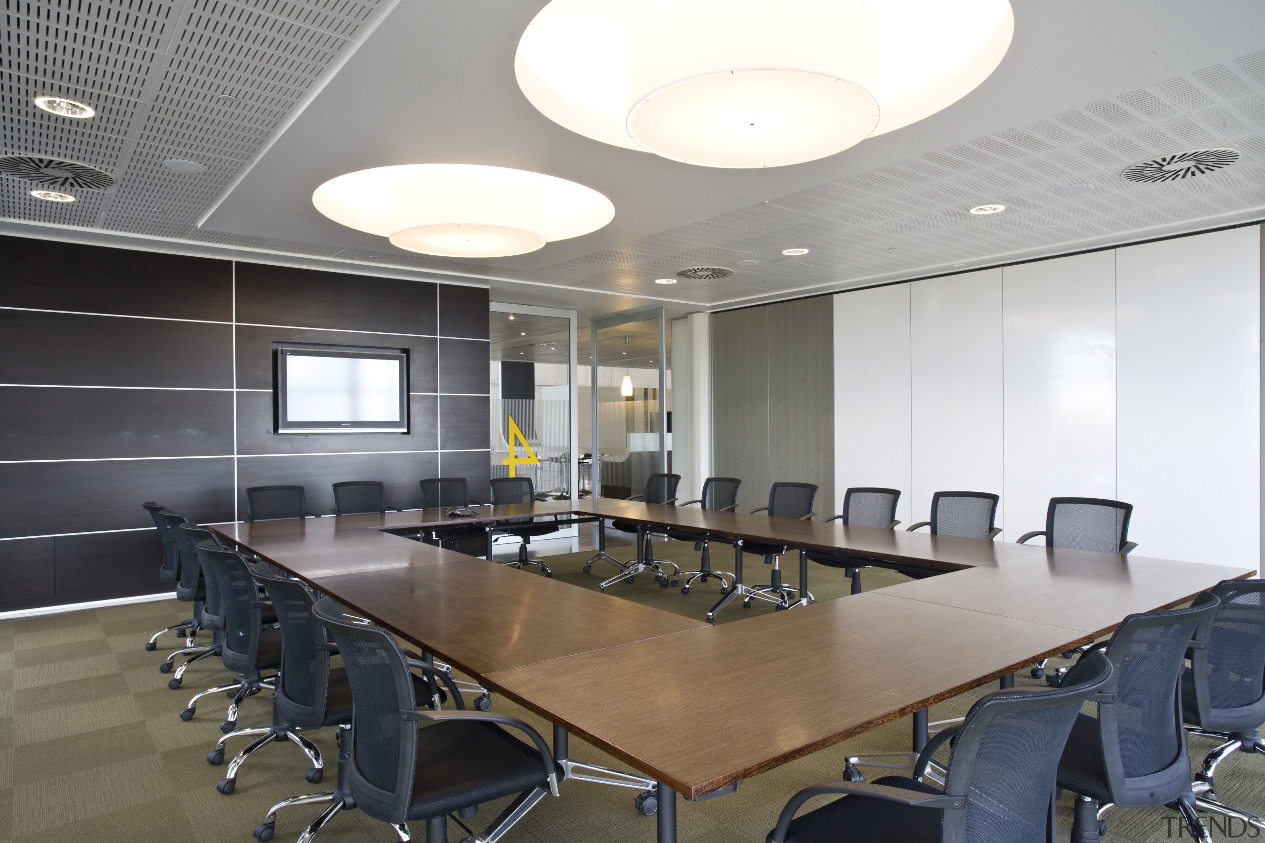 Images is of board meeting room in the ceiling, conference hall, interior design, office, real estate, table, gray, white