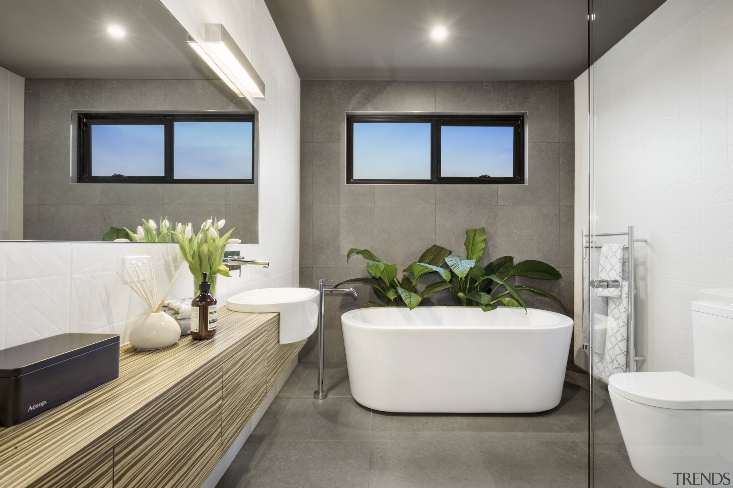 The family bathroom in a contemporary addition designed bathroom, interior design, real estate, room, gray, white