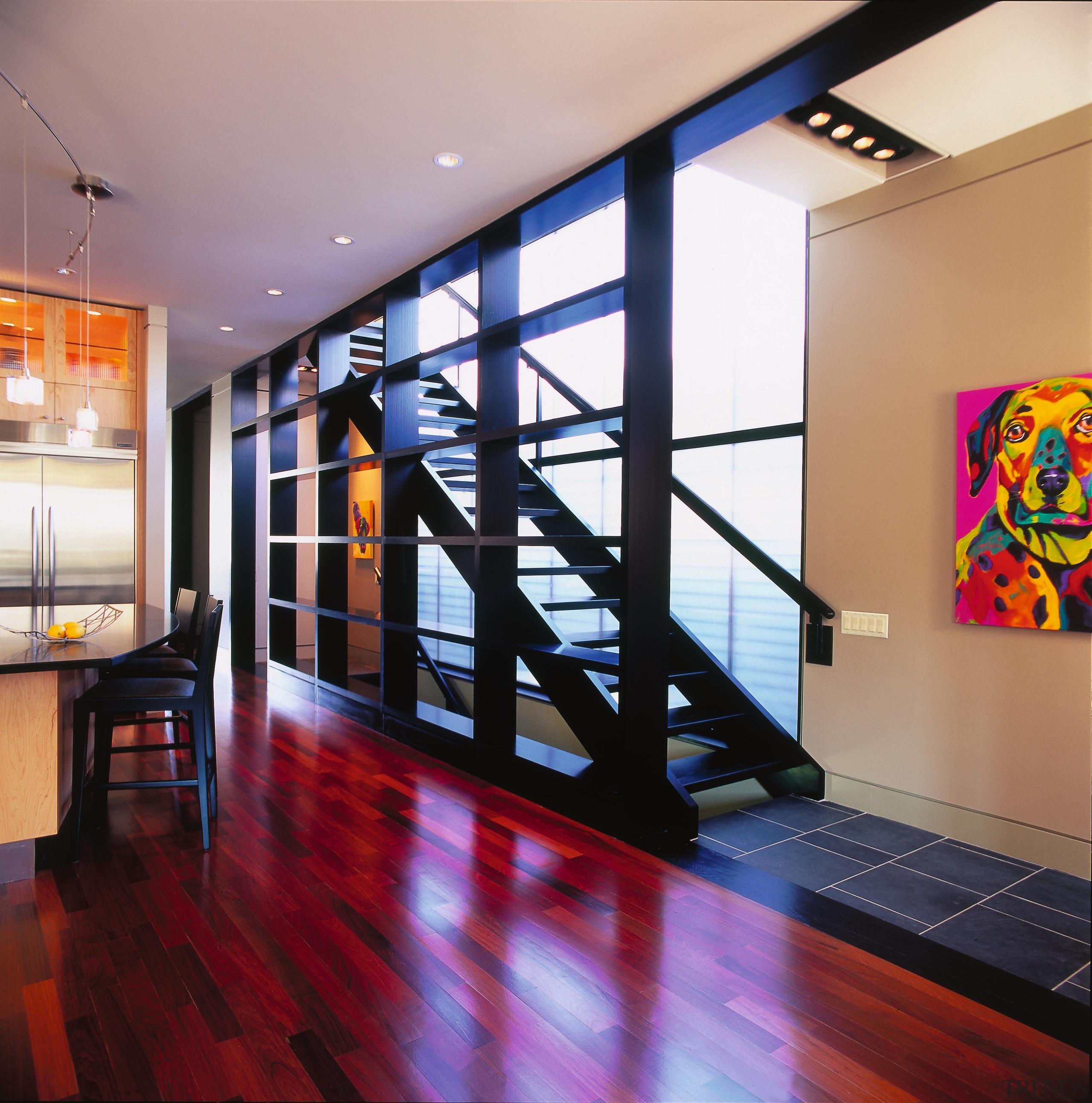 A nview of a stairwell, wooden flooring, black architecture, ceiling, door, floor, flooring, glass, interior design, lobby, loft, modern art, real estate, stairs, wall, window, wood