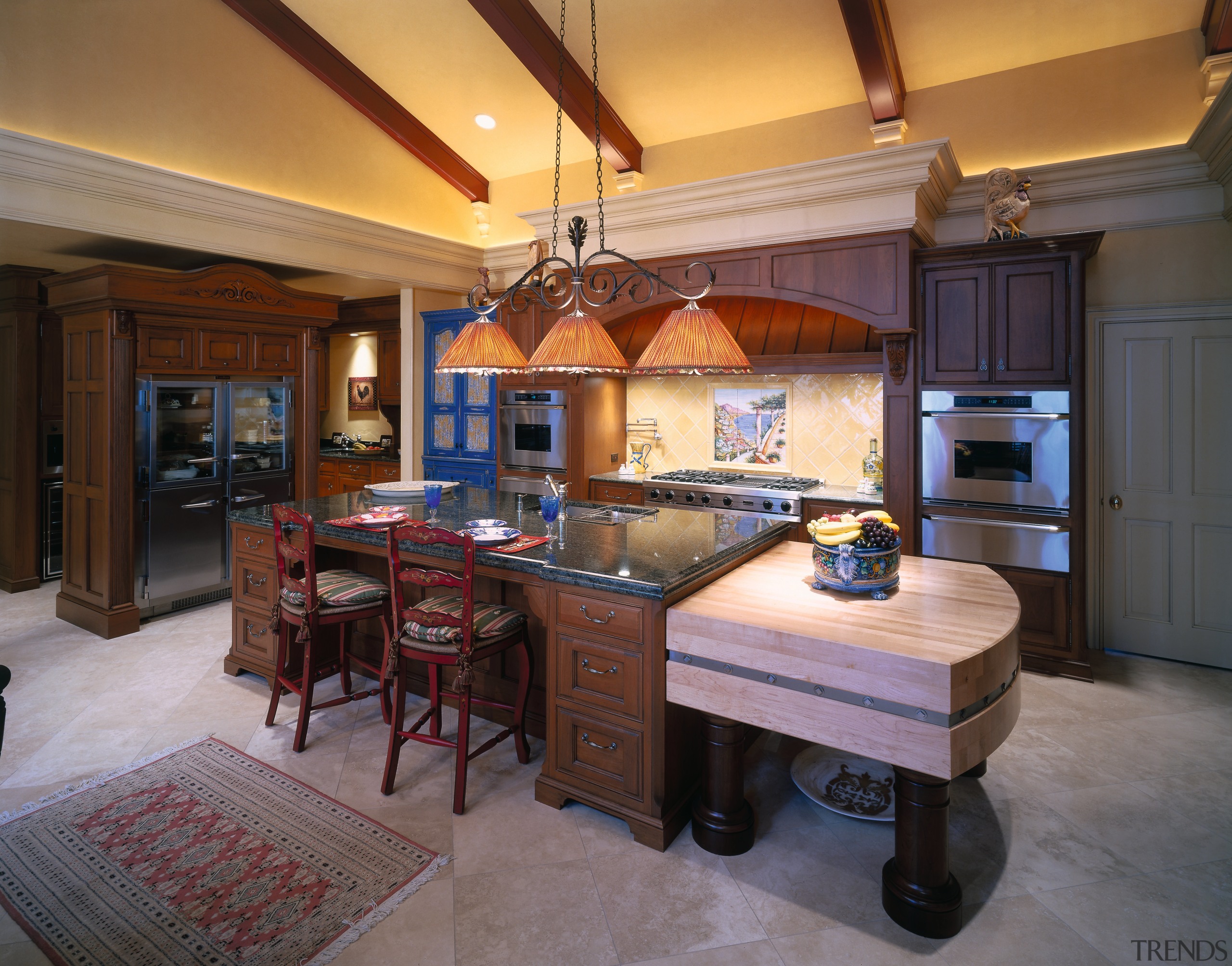 A view of a kitchen, concrete tiled floor, countertop, cuisine classique, flooring, interior design, kitchen, real estate, room, brown, gray