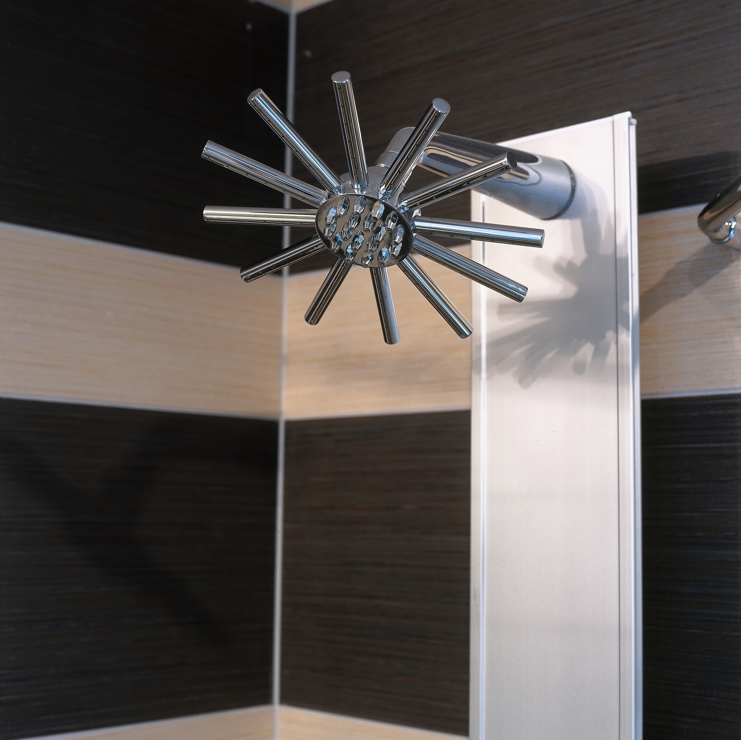 A view of a shower head. - A lighting, product design, black