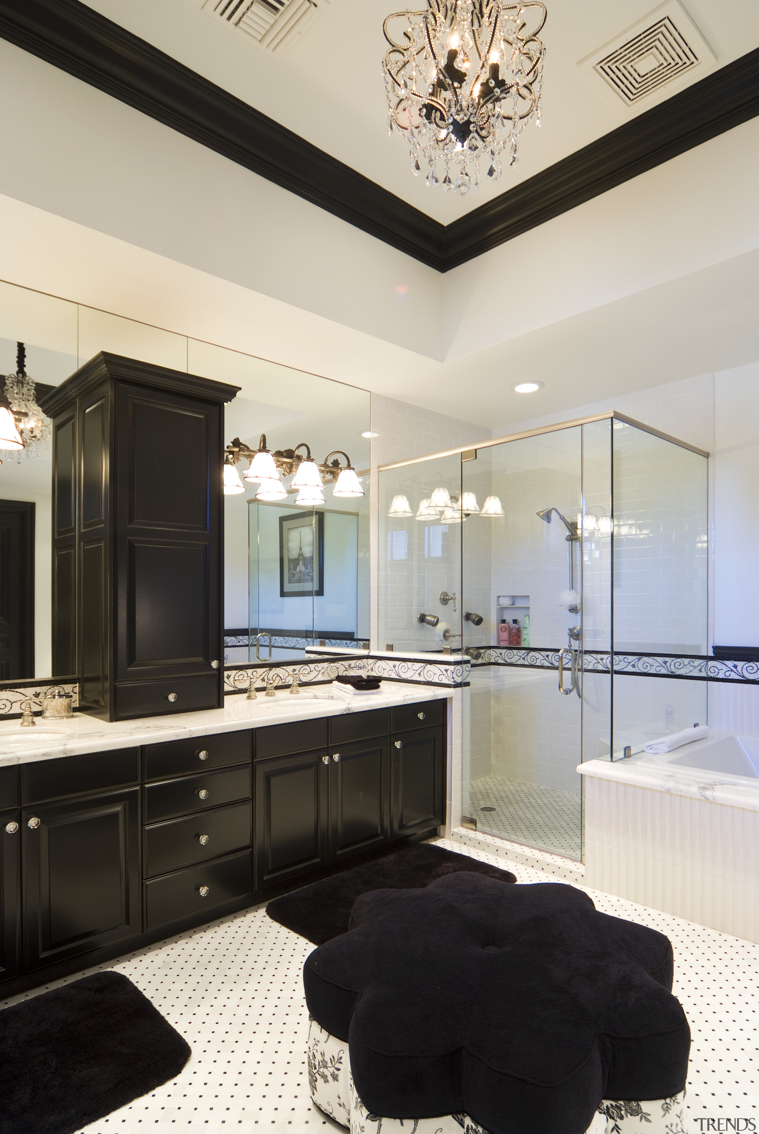 This bathroom features dark-stained wood cabinetry, which enhances bathroom, ceiling, home, interior design, room, white, black