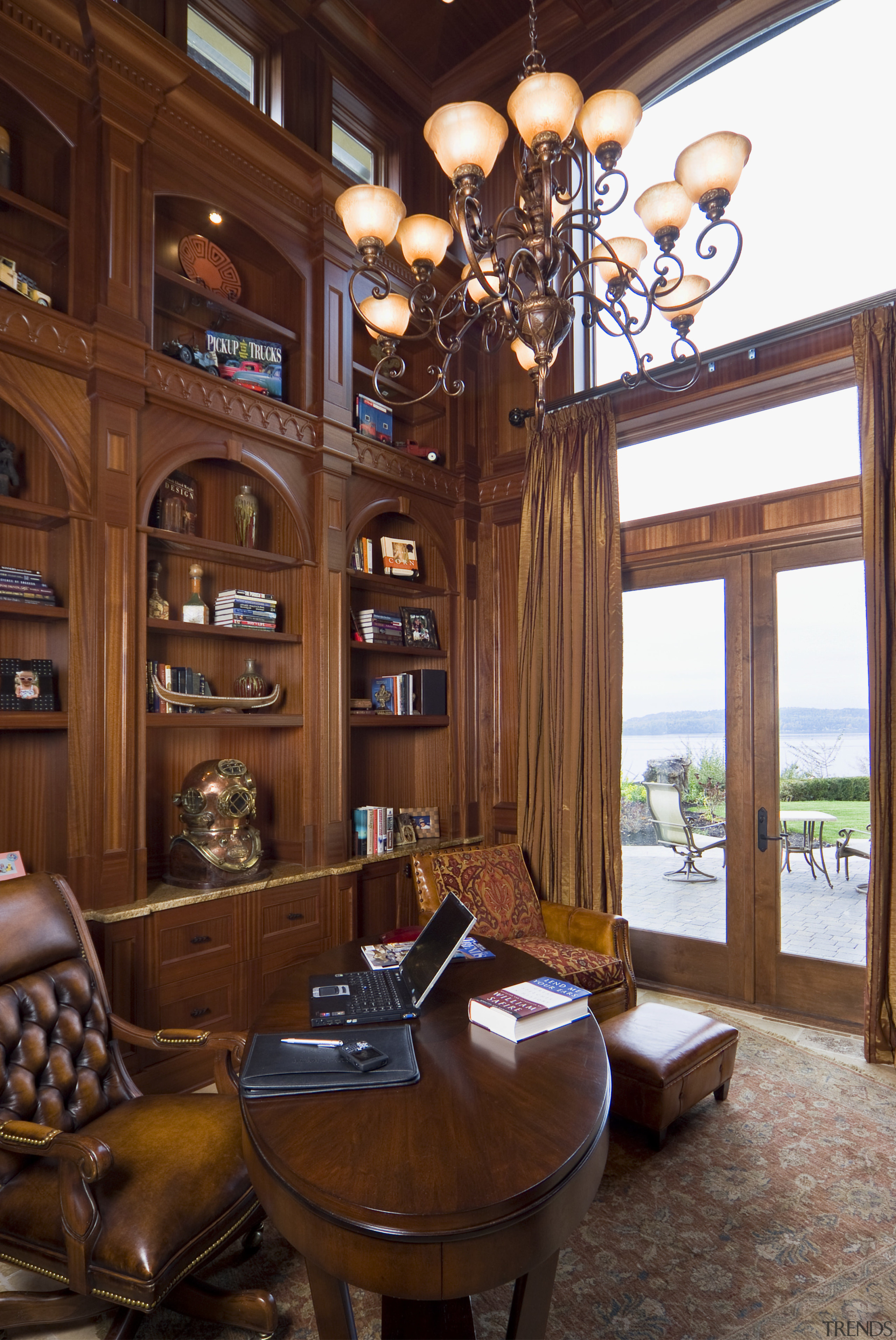 Image of the interior designed by Pacific Crest. ceiling, dining room, furniture, home, interior design, living room, room, wood, red, brown