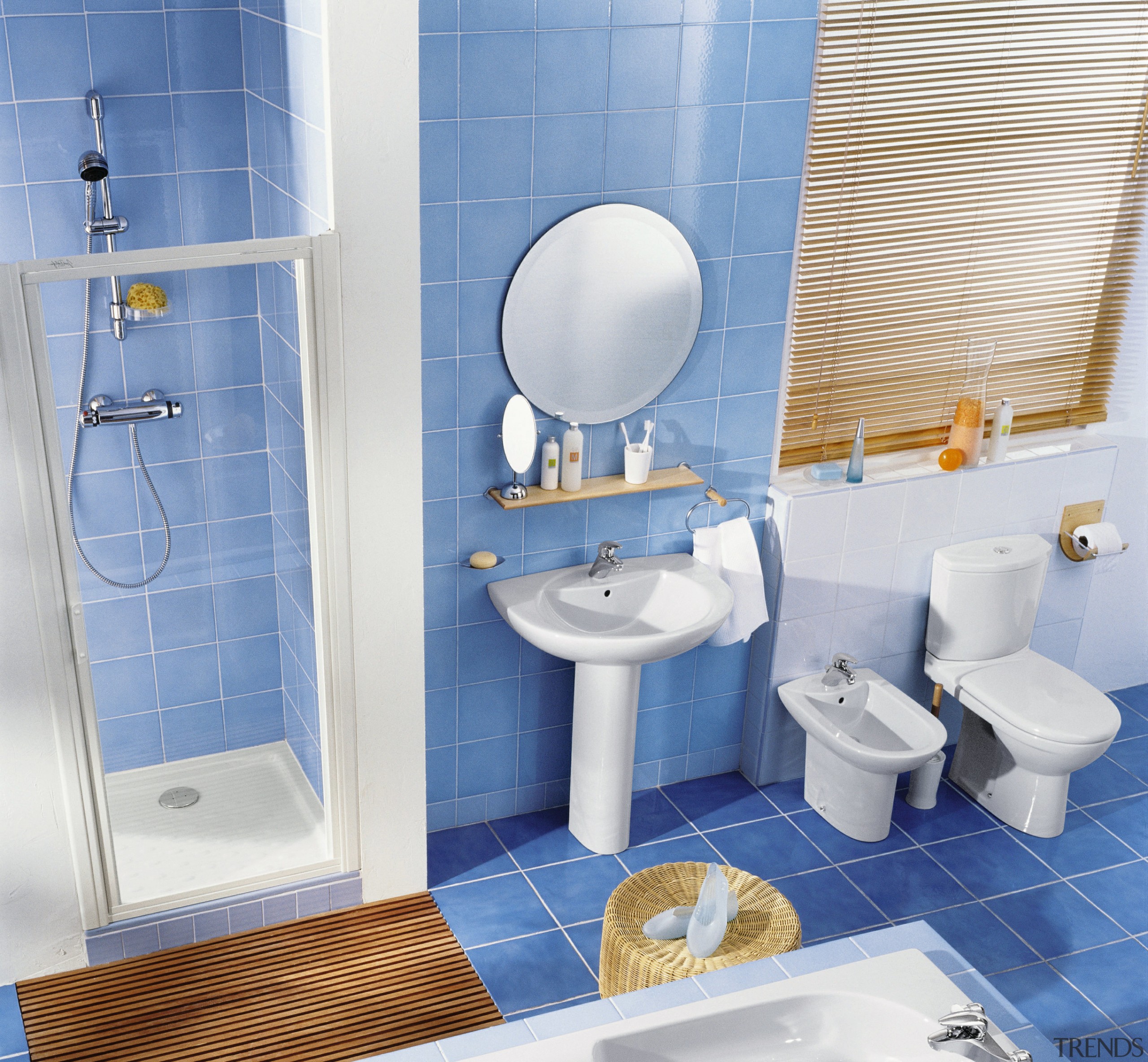 Bathroom with blue floor and wall tiles, shower bathroom, blue, interior design, plumbing fixture, product, product design, room, tap, tile, toilet, toilet seat, teal, white
