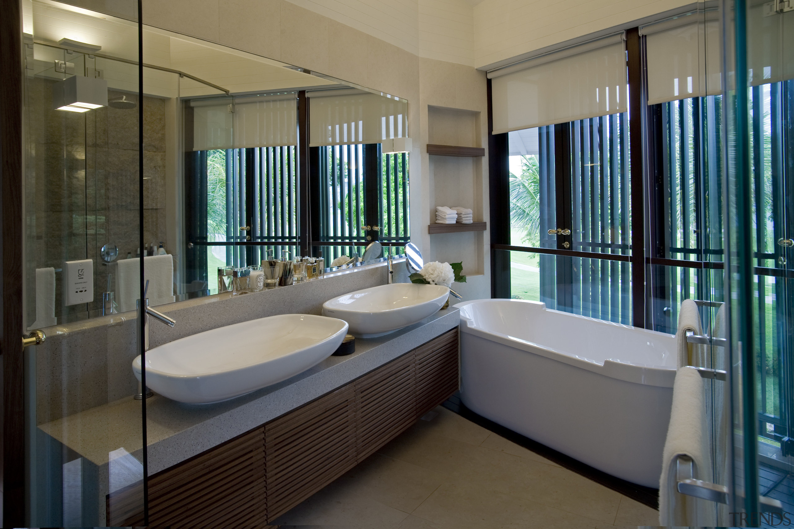 View of bathroom featuring freestanding tub, tiled floors, bathroom, estate, interior design, real estate, room, gray