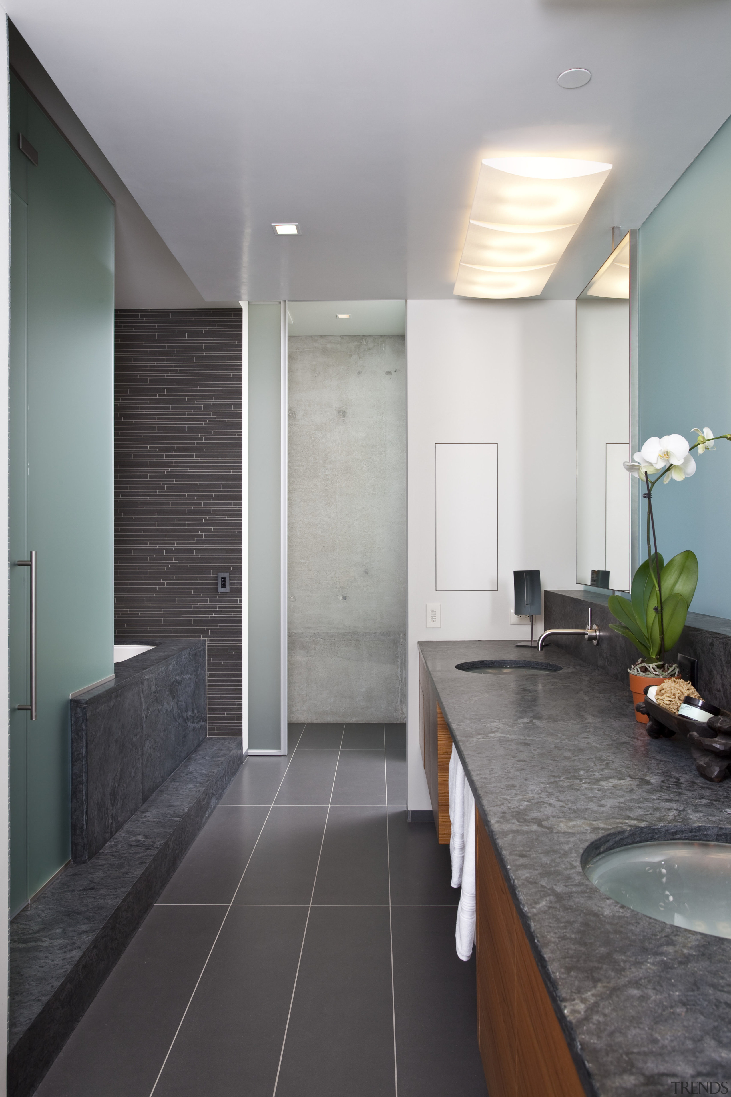 View of master bedroom and bathroom in subdued architecture, bathroom, ceiling, countertop, daylighting, floor, flooring, home, house, interior design, room, tile, wood flooring, gray, black