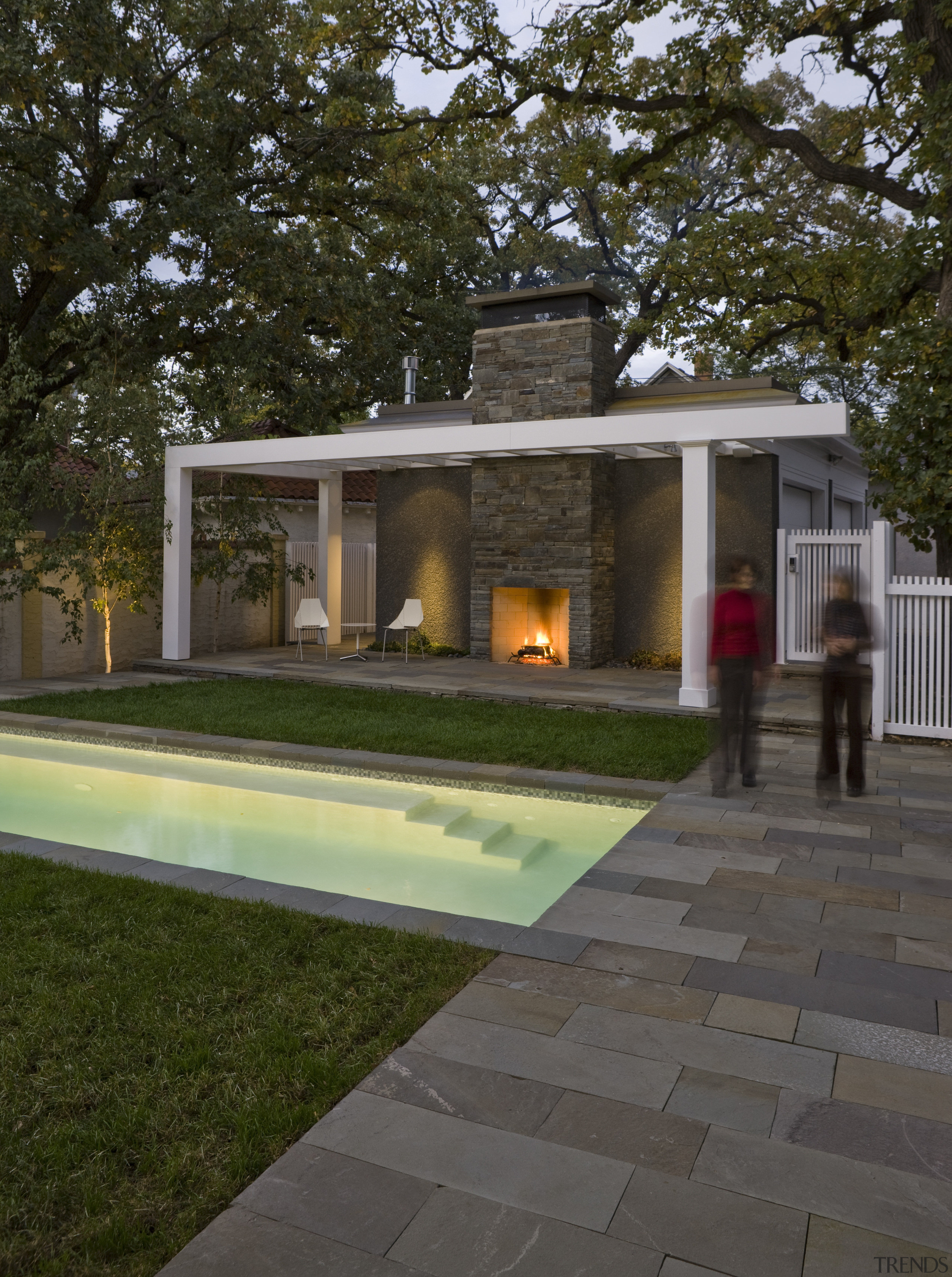 View of a multi-storey grey house with swimming architecture, backyard, estate, facade, home, house, outdoor structure, real estate, residential area, walkway, yard, brown, gray