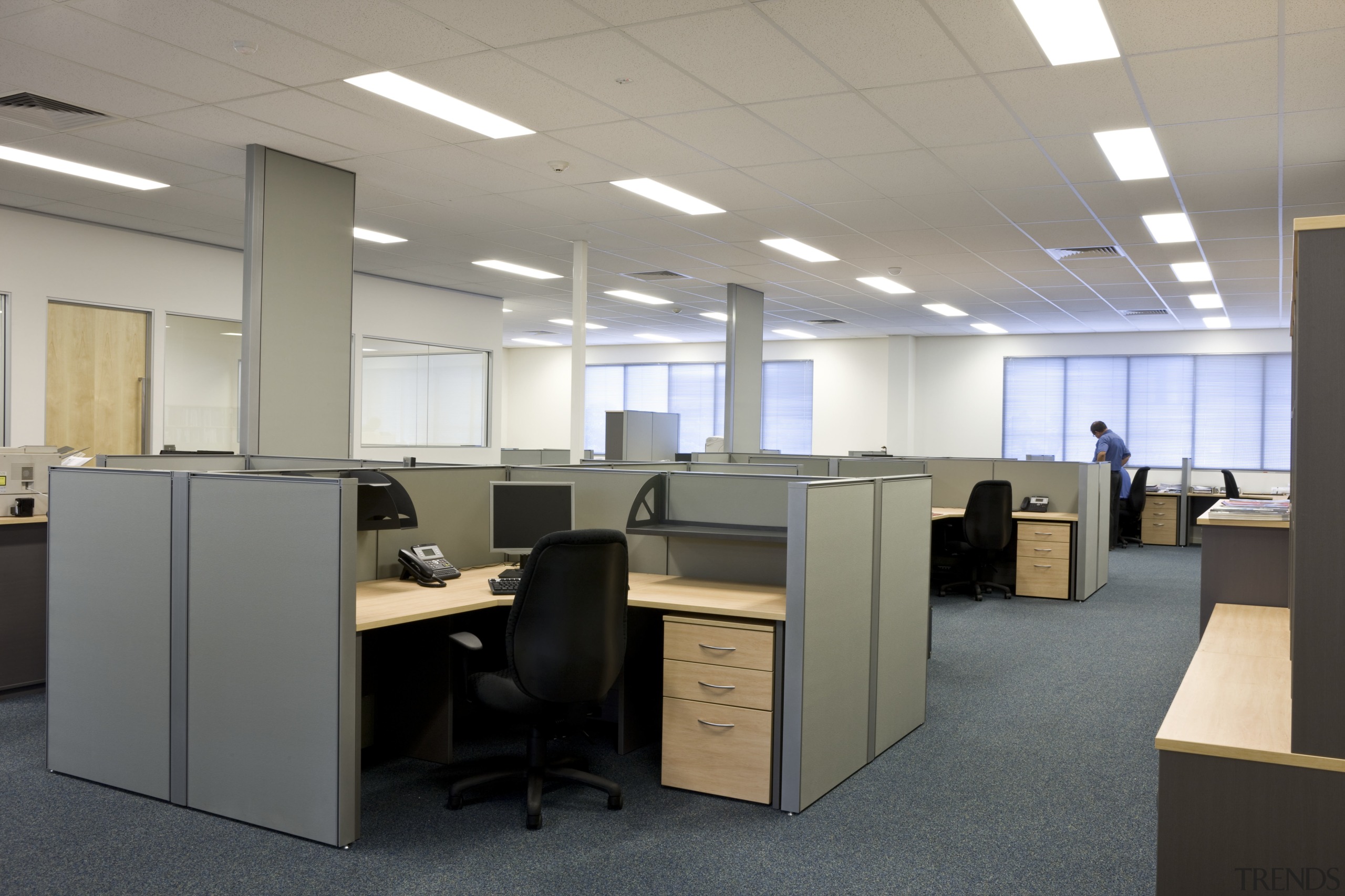 Image of desk and shelving supplied by The conference hall, desk, furniture, office, product design, gray