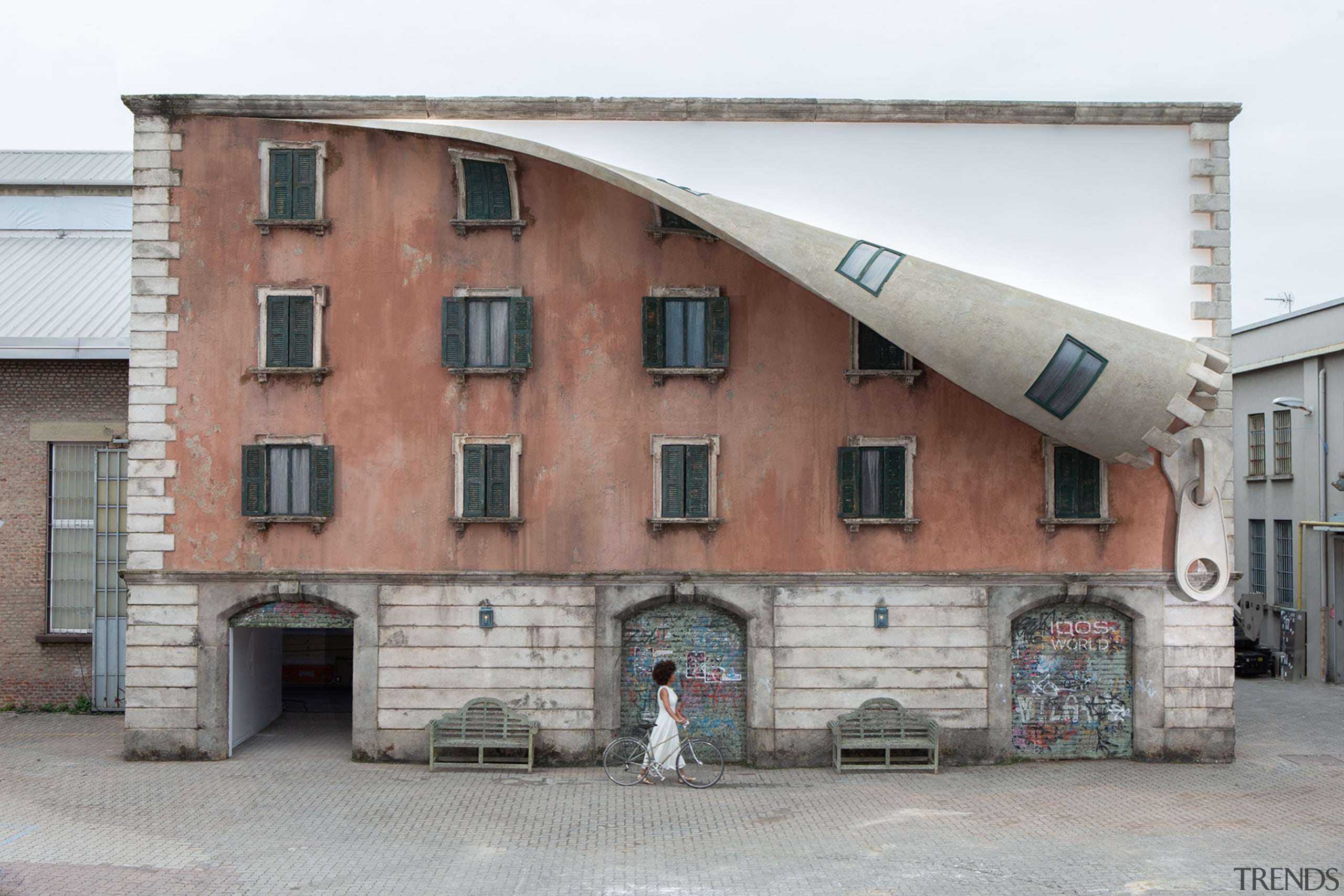 Alex Chinneck – A spoonful of sunrise - architecture, building, facade, house, neighbourhood, property, real estate, gray, white