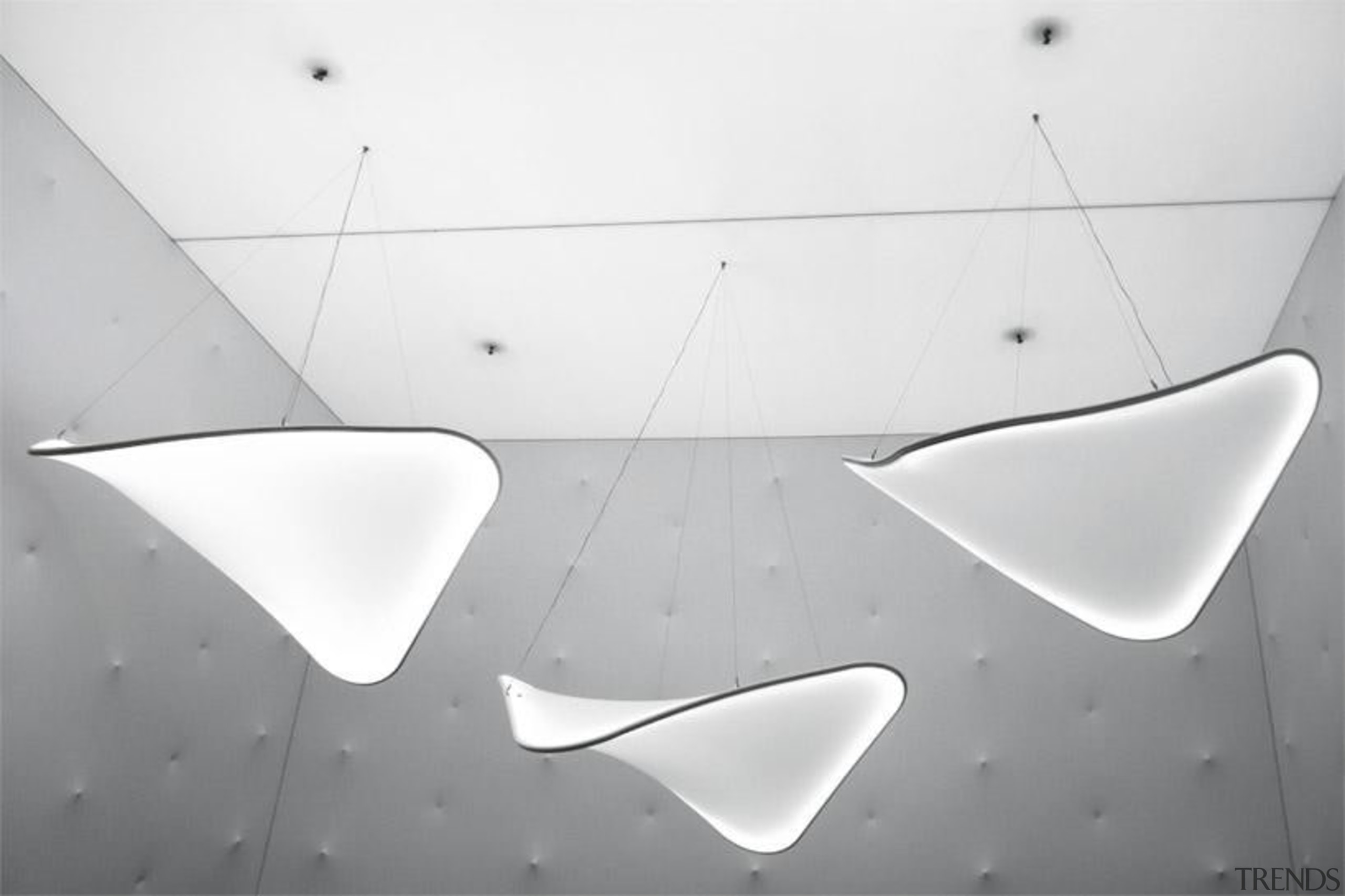 Lighting installation by Ross Lovegrove - Lighting installation angle, black and white, ceiling, design, light, light fixture, lighting, line, monochrome, monochrome photography, white, gray