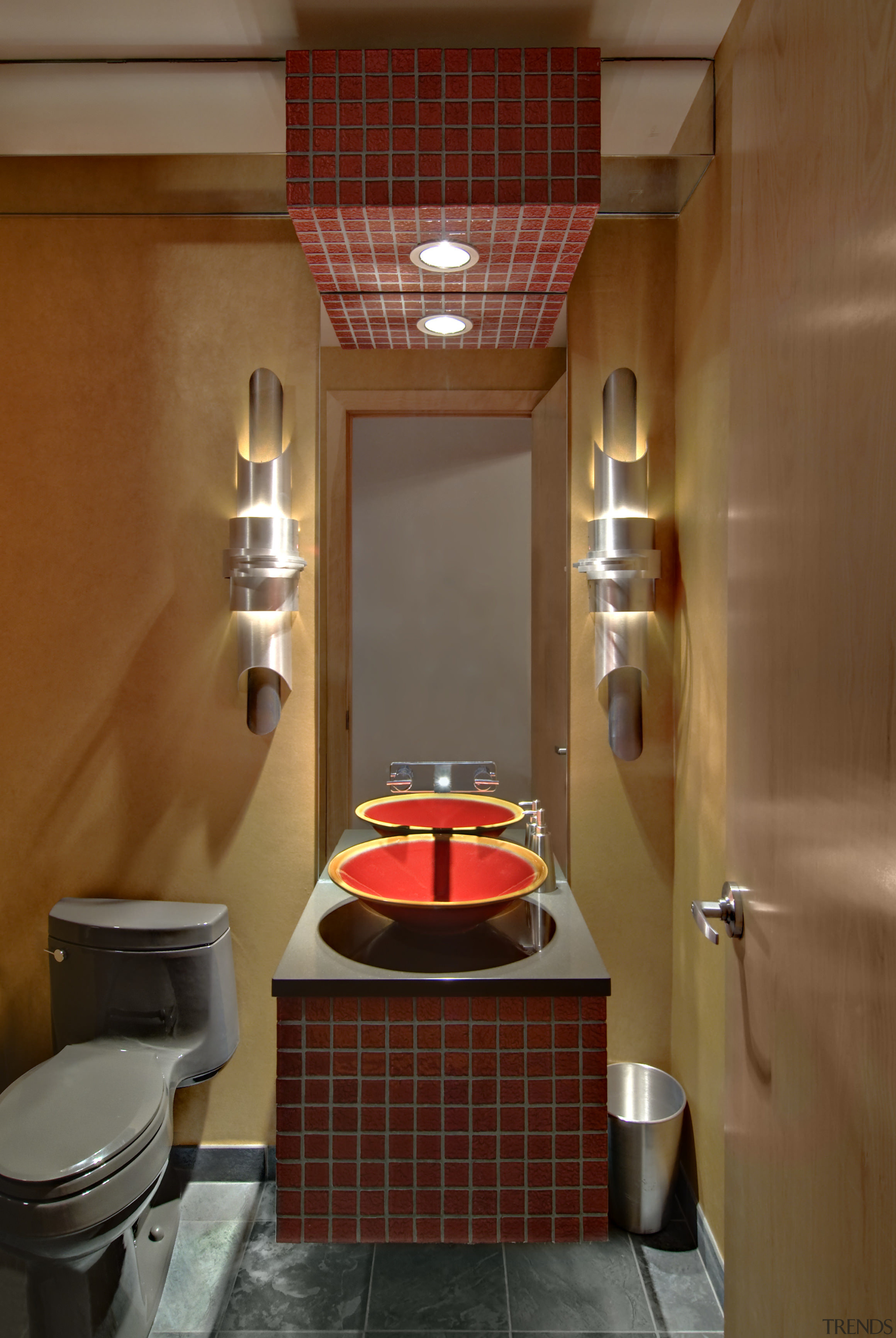 View of the powder room featuring a suspended bathroom, ceiling, floor, interior design, plumbing fixture, room, toilet, wall, brown