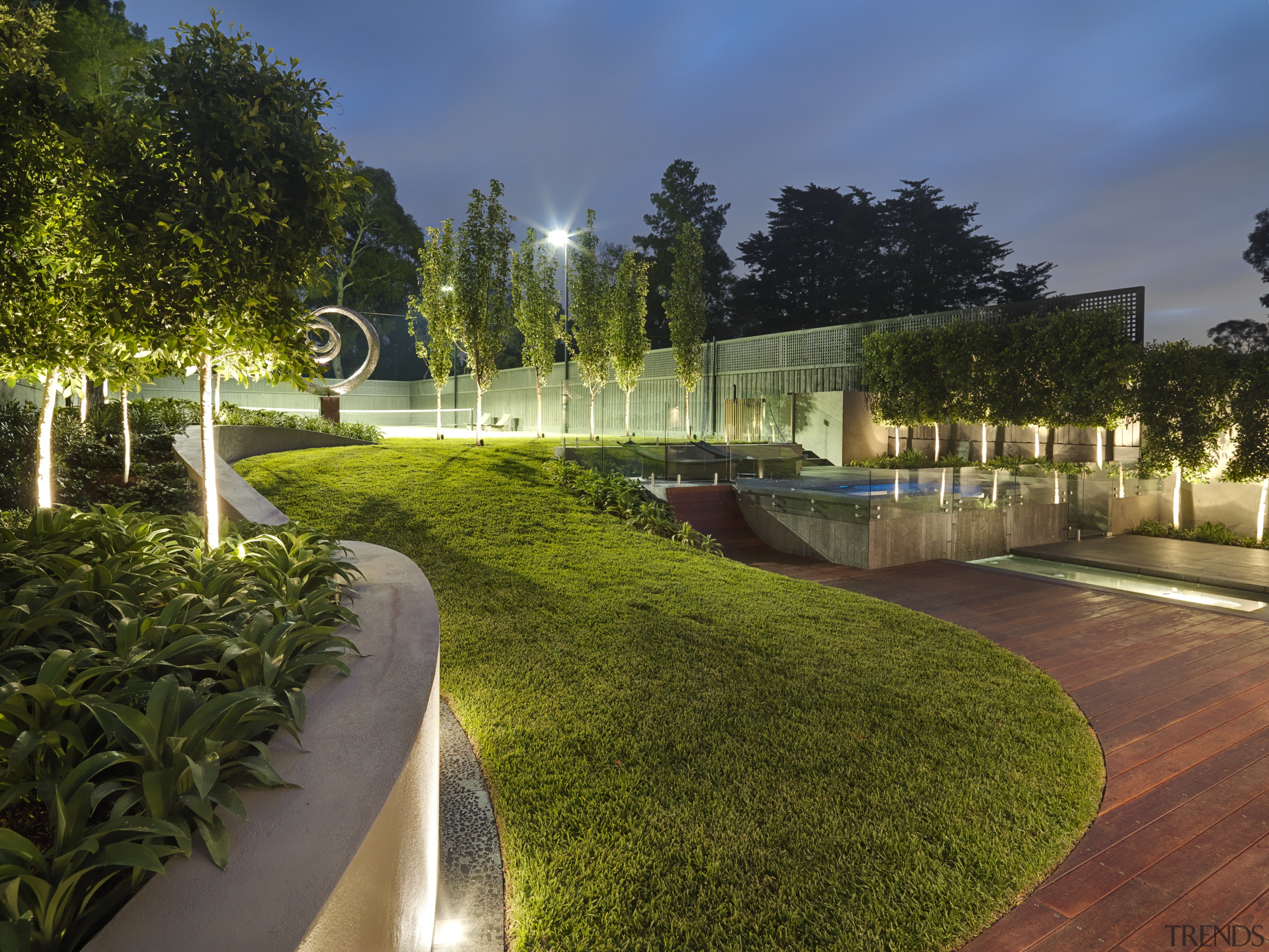 View of outdoor living space by Nathan Burkett architecture, estate, garden, grass, home, landscape, landscaping, lawn, lighting, plant, real estate, residential area, tree, walkway, water, brown