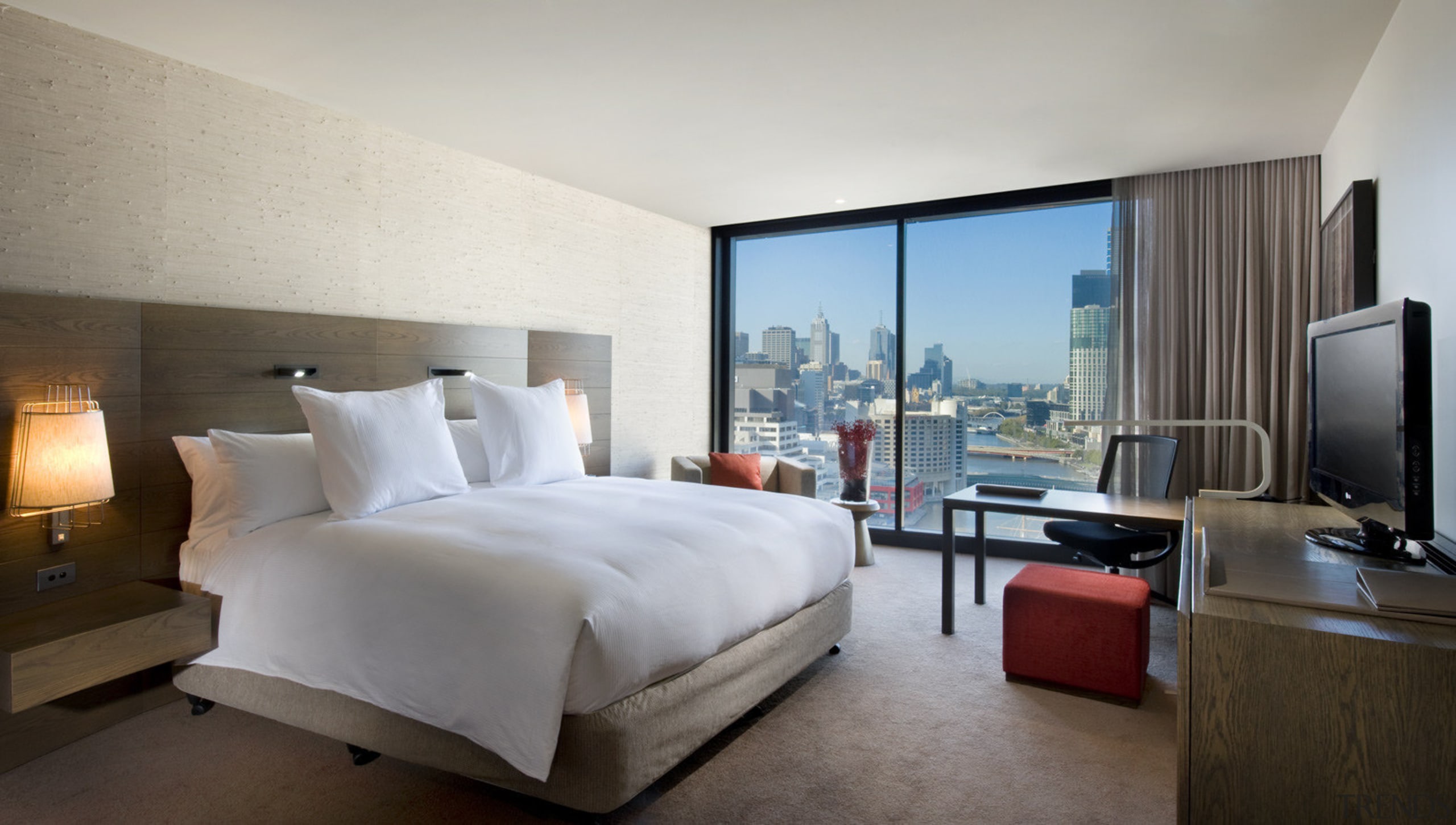 View a guest suite in the Hilton Melbourne bed frame, bedroom, ceiling, hotel, interior design, real estate, room, suite, gray