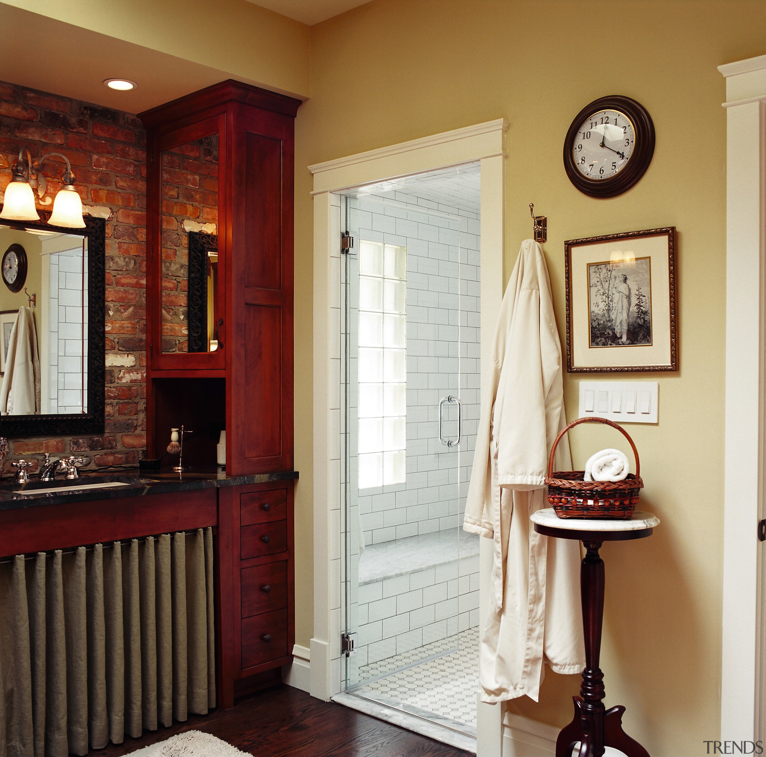 A view of the bathroom, tiled shower, wooden bathroom, bathroom accessory, cabinetry, ceiling, curtain, door, floor, flooring, furniture, hardwood, home, interior design, molding, room, wall, window, window covering, window treatment, wood, white, brown