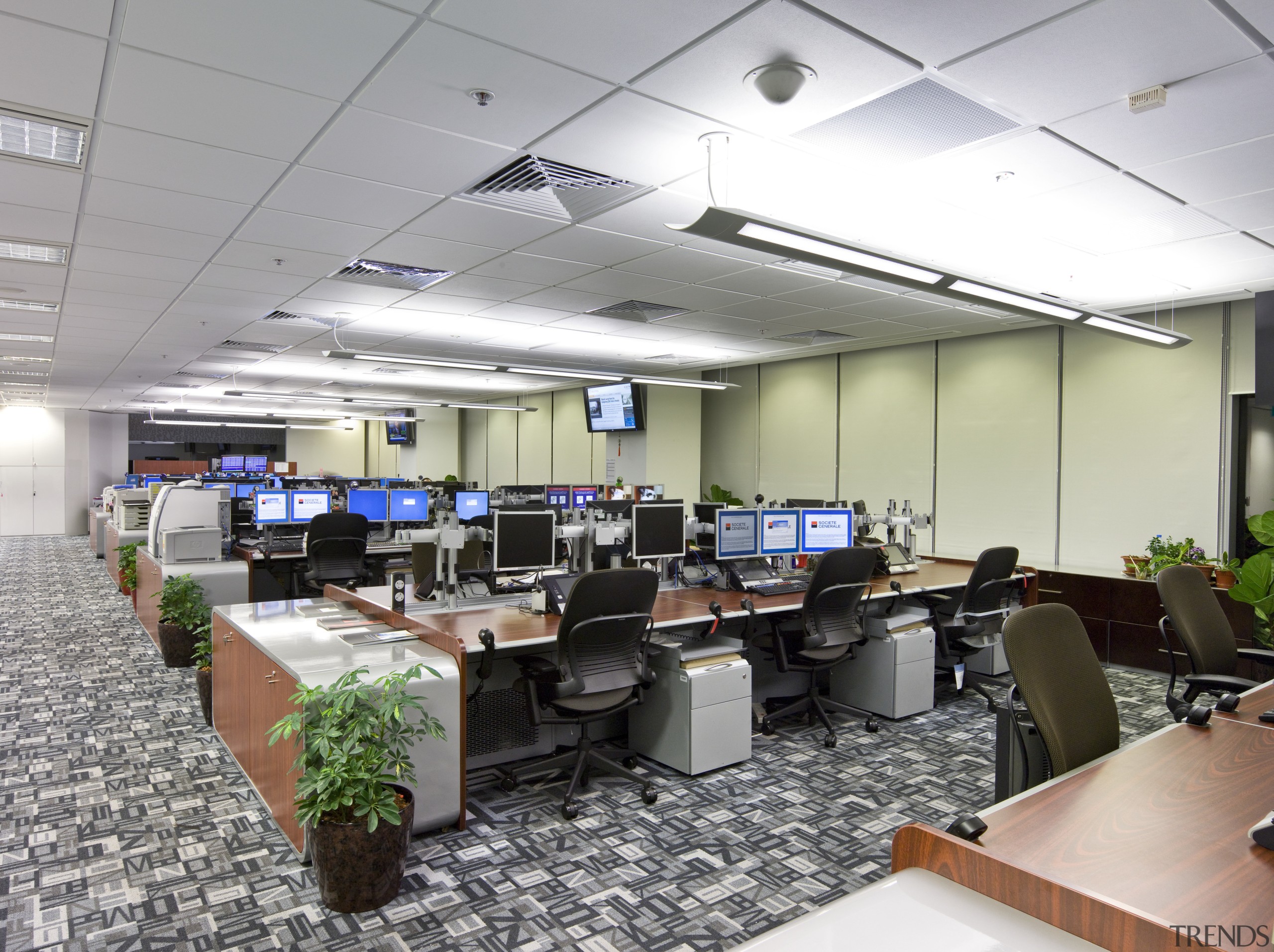 View of the main office area with carpeted ceiling, conference hall, interior design, office, gray