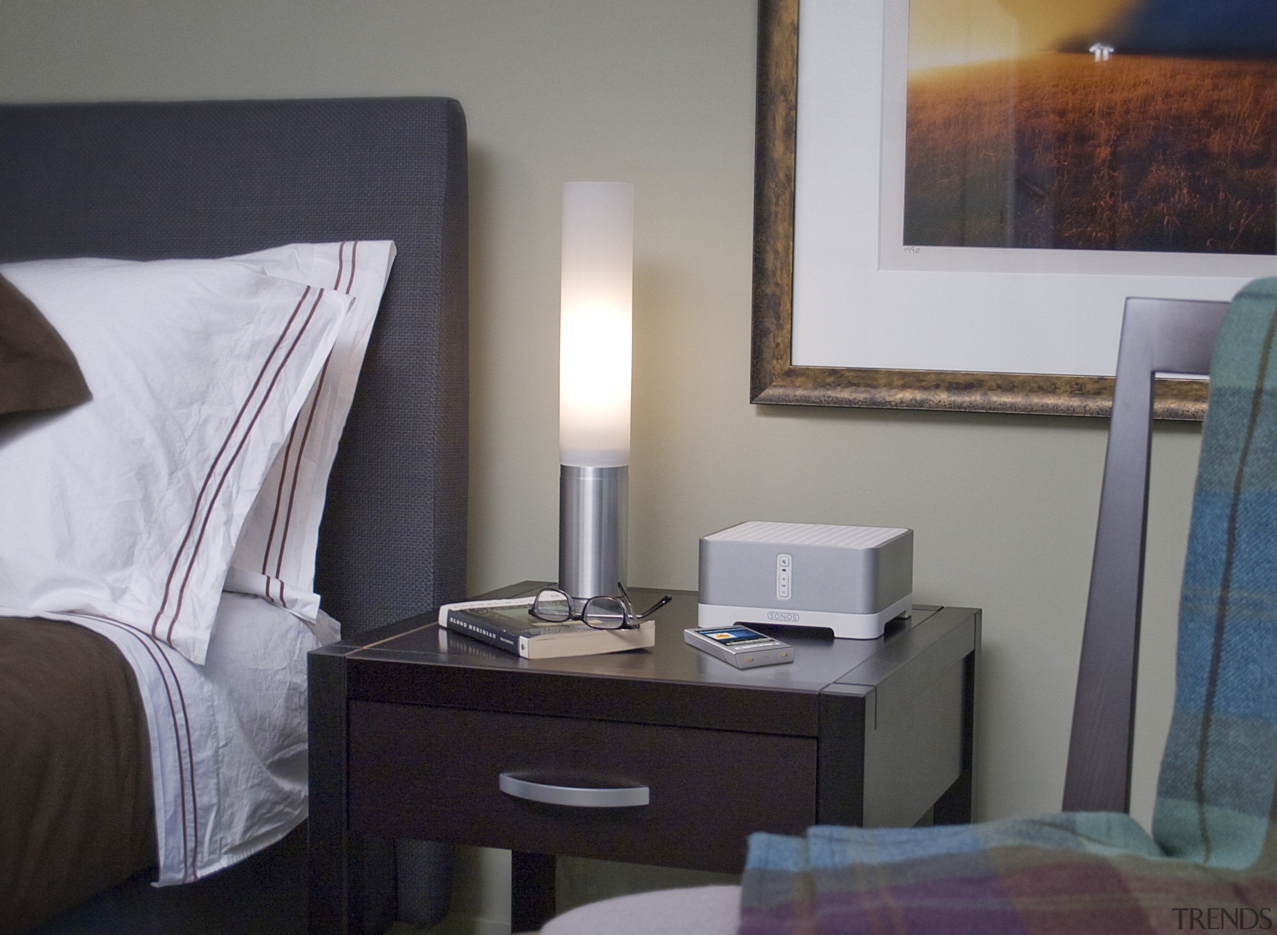 view of sono wireless connectivity streams music from bed, bedroom, furniture, hotel, interior design, room, suite, table, gray, black