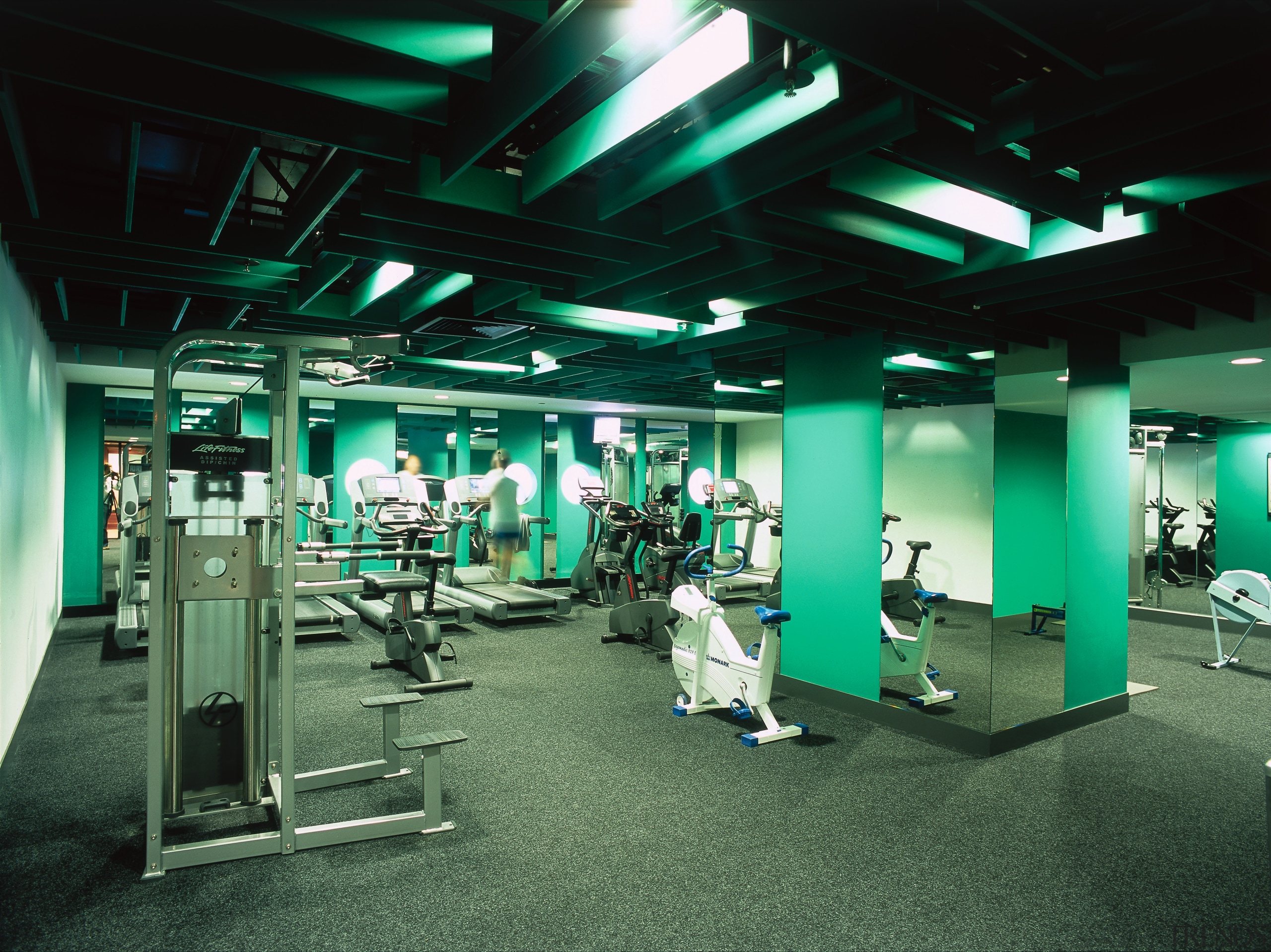 view of the the fully equipped gym on gym, room, sport venue, structure, green, black