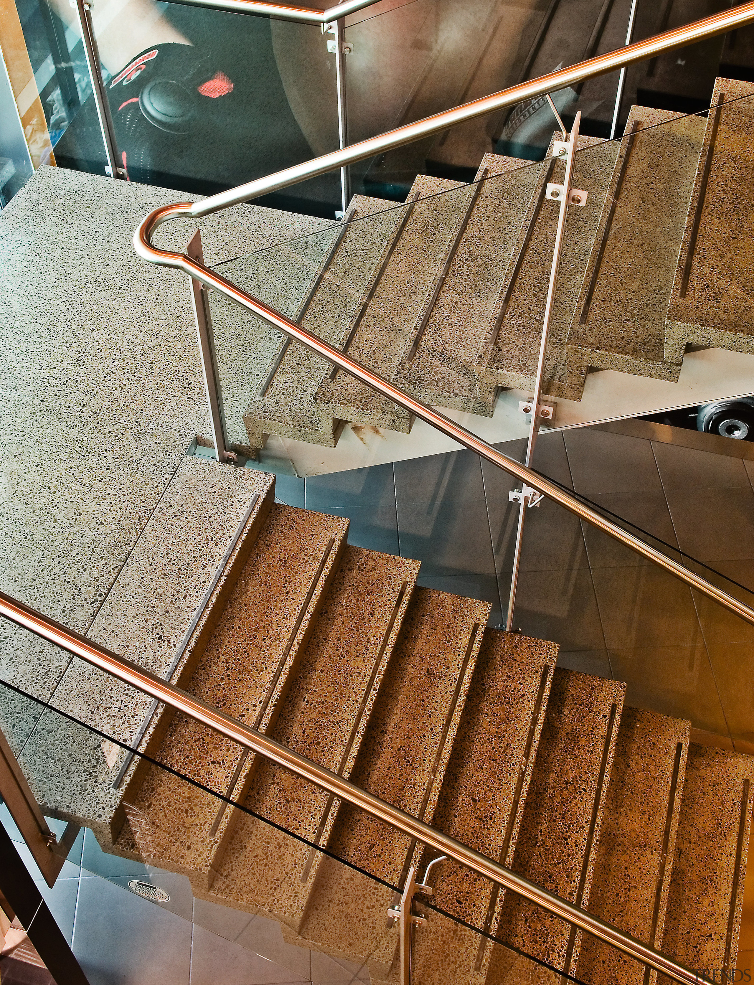 A view of some polished concrete flooring from line, material, metal, wood, brown