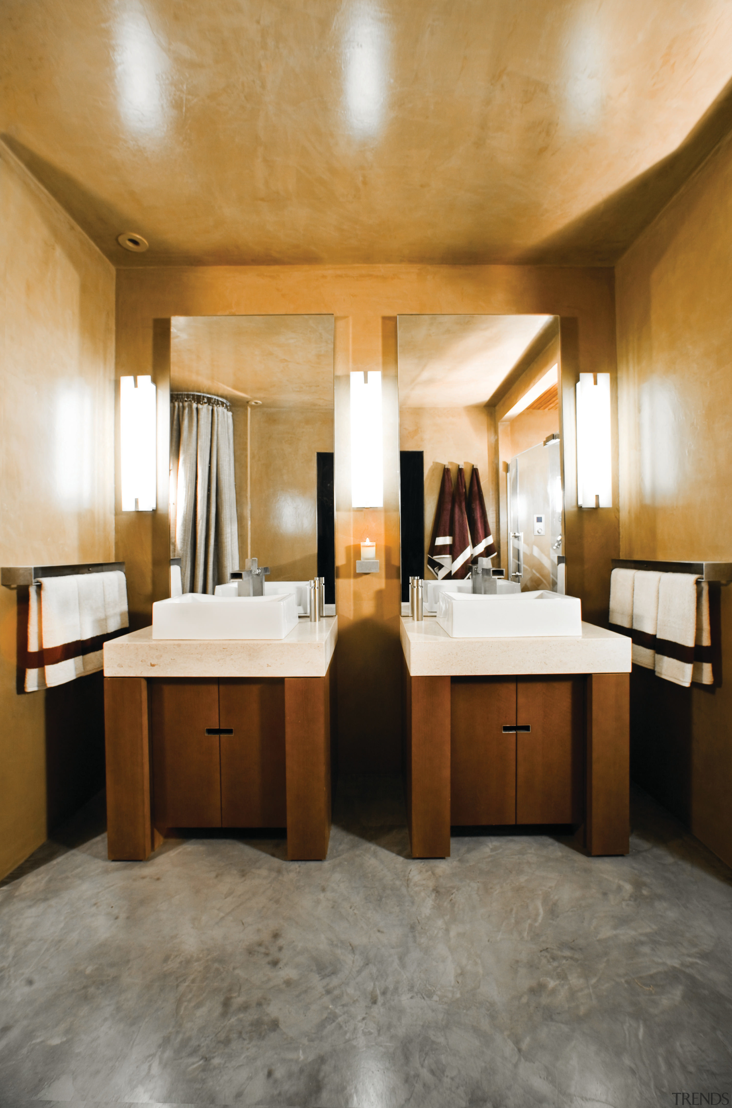 Image of bathroom by Kohler. - Image of bathroom, ceiling, floor, flooring, furniture, interior design, room, orange