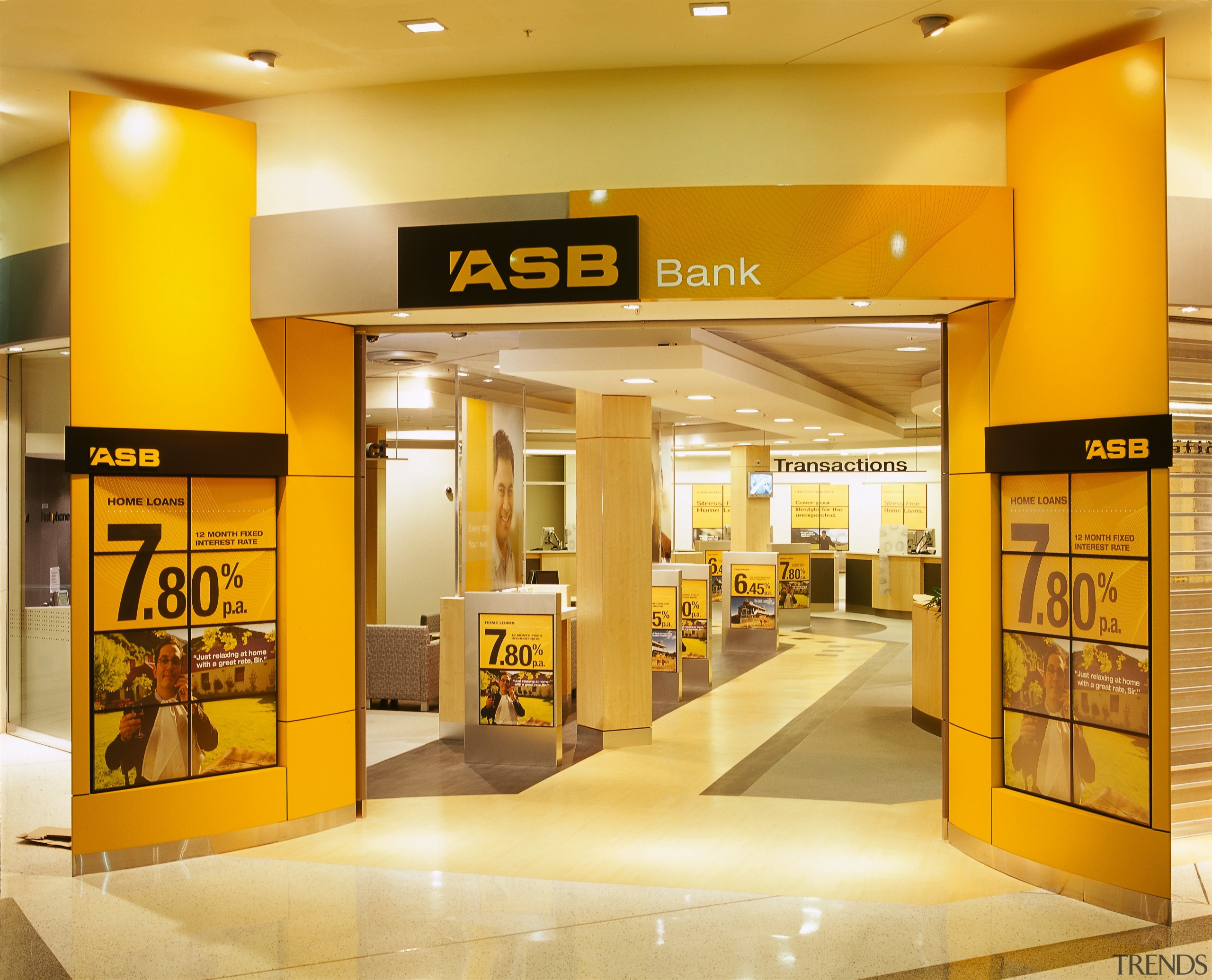 Entrance to ASB bank in Auckland. - Entrance fast food restaurant, interior design, retail, shopping mall, yellow, orange