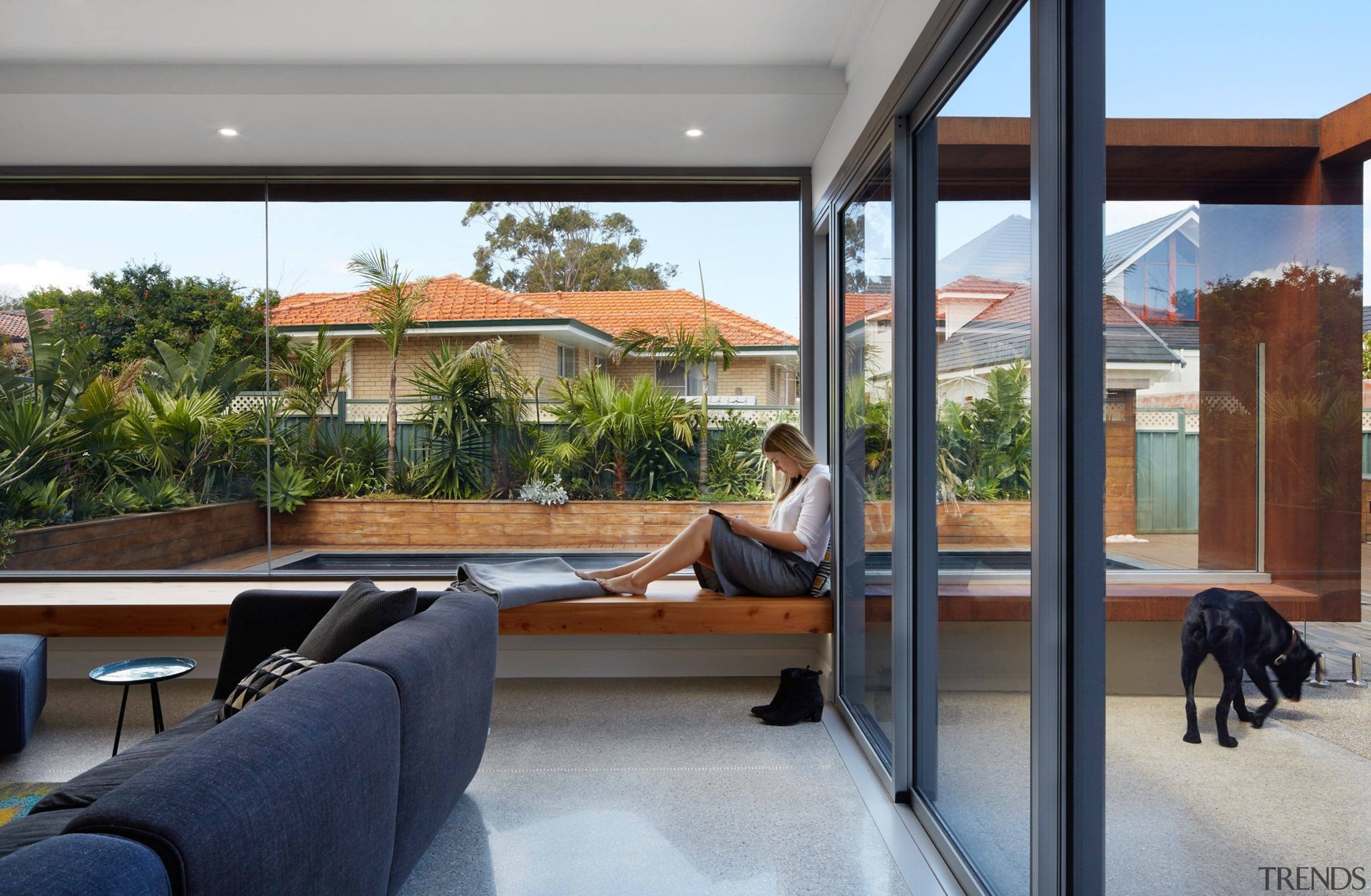 This large window seat runs the length of architecture, home, house, interior design, property, real estate, window, gray