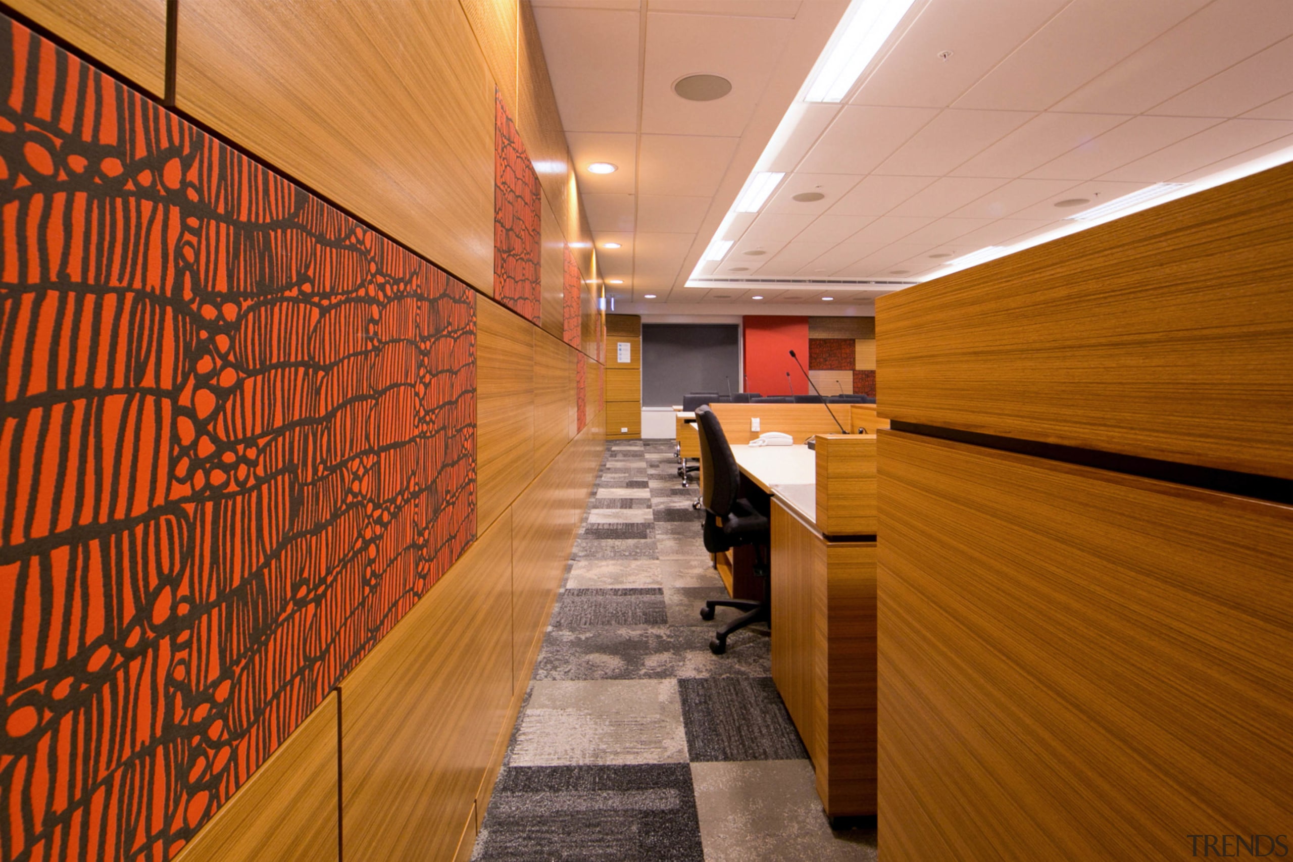 The Ministry of Justice Specialist Courts in Auckland architecture, ceiling, daylighting, floor, flooring, hardwood, interior design, lobby, wall, wood, brown, orange