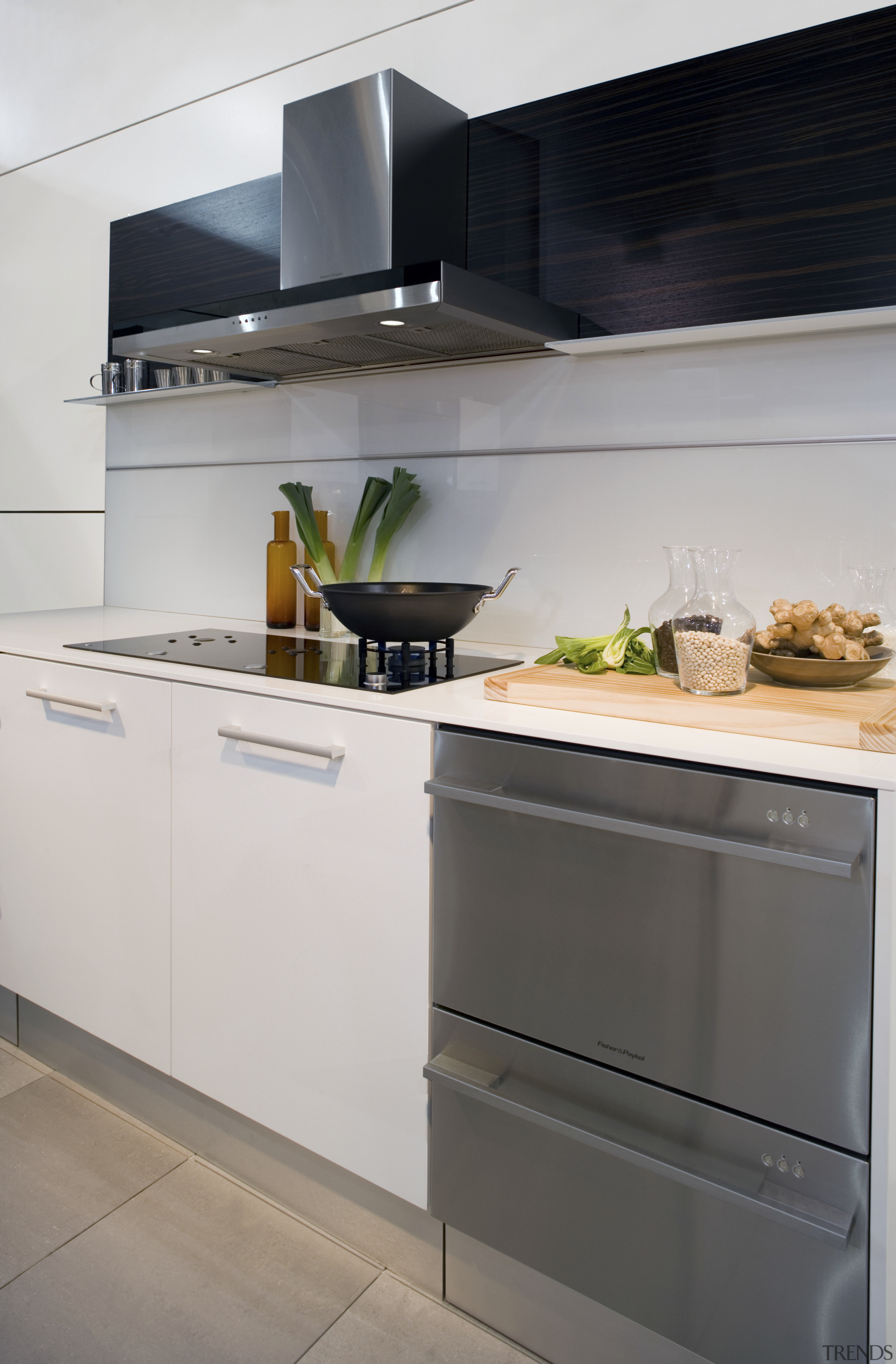 View of a kitchen which features Fisher &amp; cabinetry, countertop, cuisine classique, home appliance, interior design, kitchen, kitchen appliance, kitchen stove, major appliance, refrigerator, gray, white
