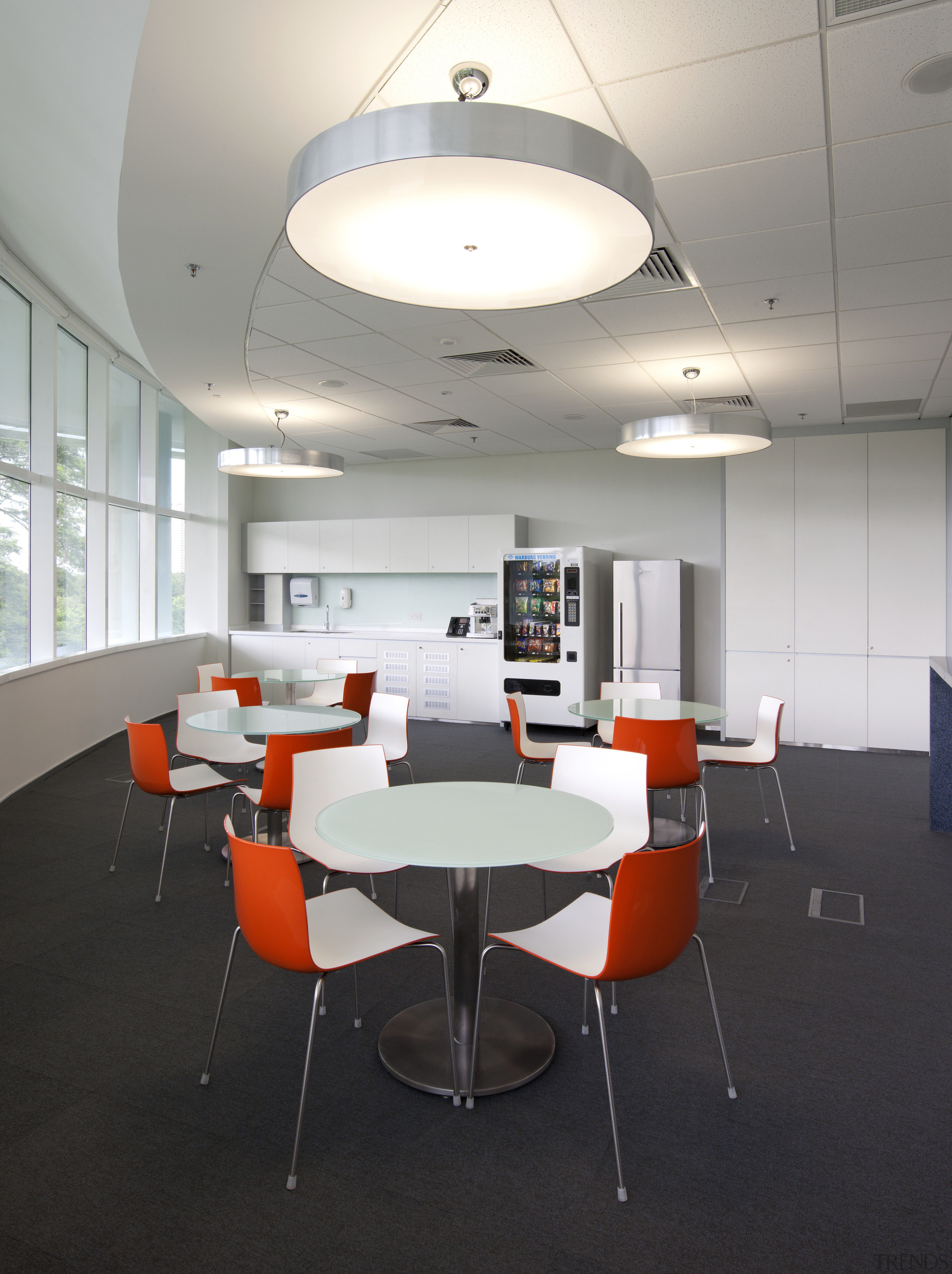 View of the Solaris building with AutoDesk fit-out, architecture, ceiling, chair, conference hall, daylighting, furniture, interior design, light fixture, lighting, office, product design, table, black, white, gray