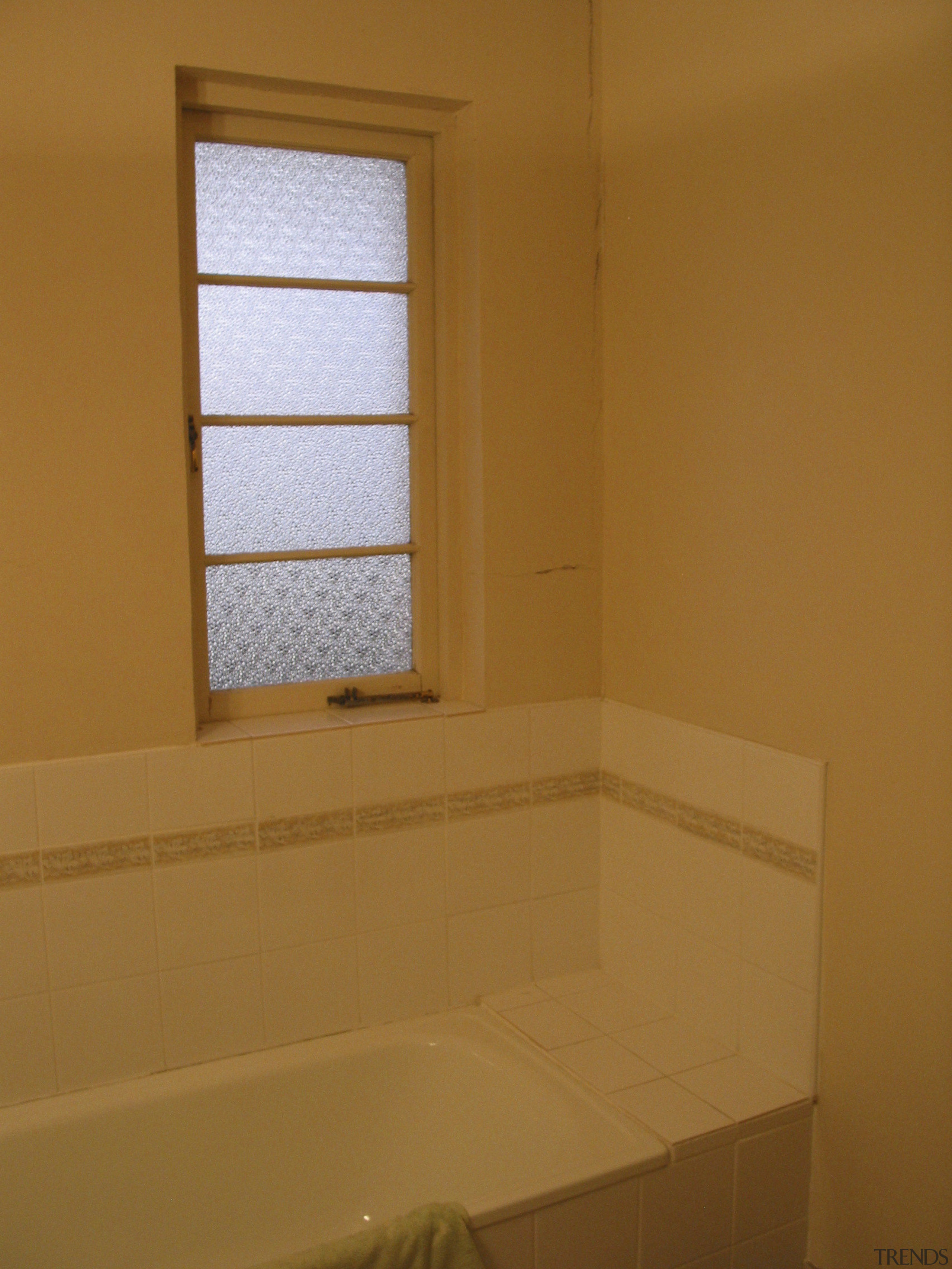 View of the bathroom before remodeling. - View architecture, bathroom, ceiling, daylighting, floor, home, house, interior design, lighting, property, room, tile, wall, window, wood, brown