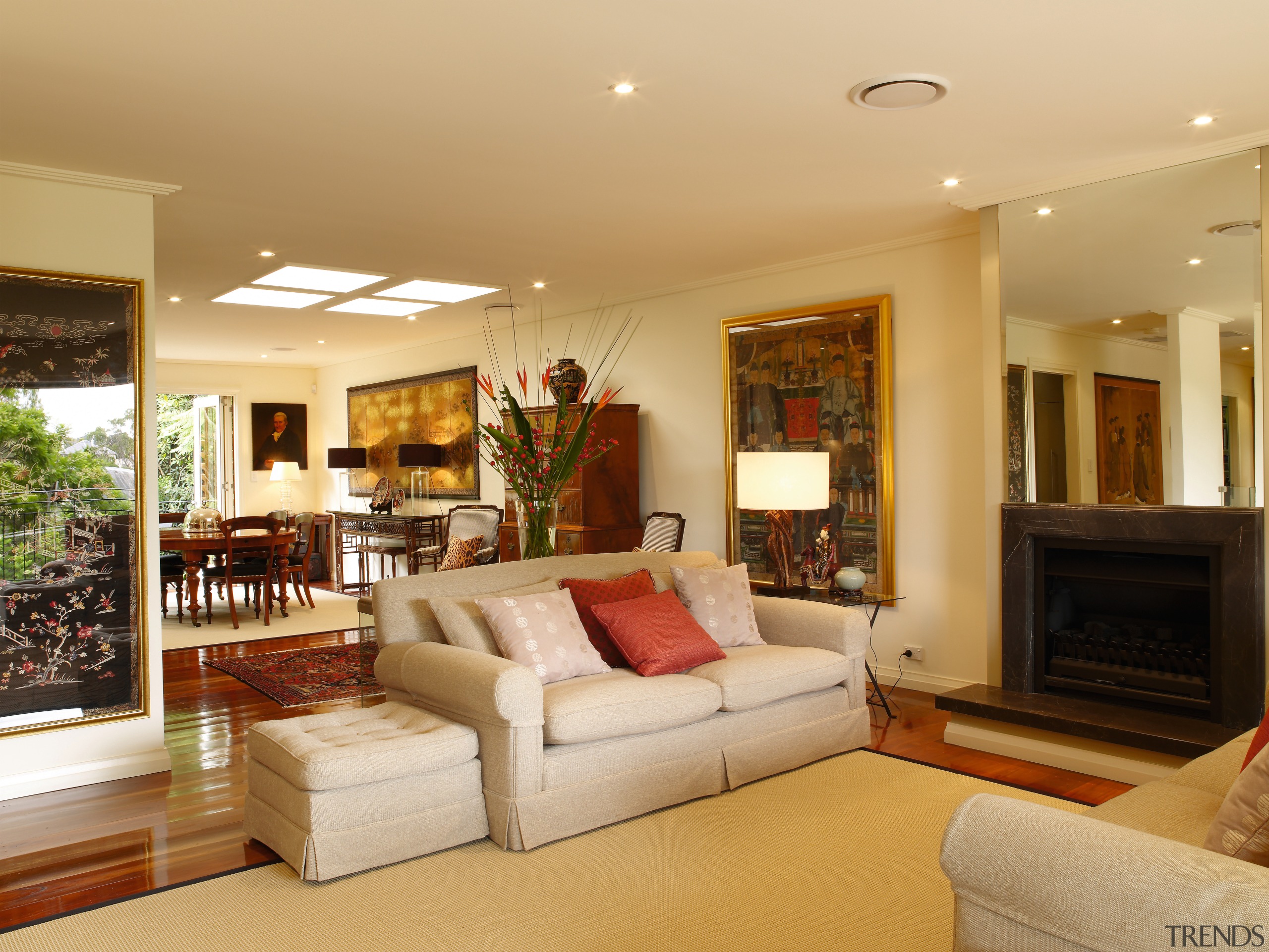 floors were introduced on the upper level, with ceiling, hardwood, home, interior design, living room, property, real estate, room, window, orange, brown