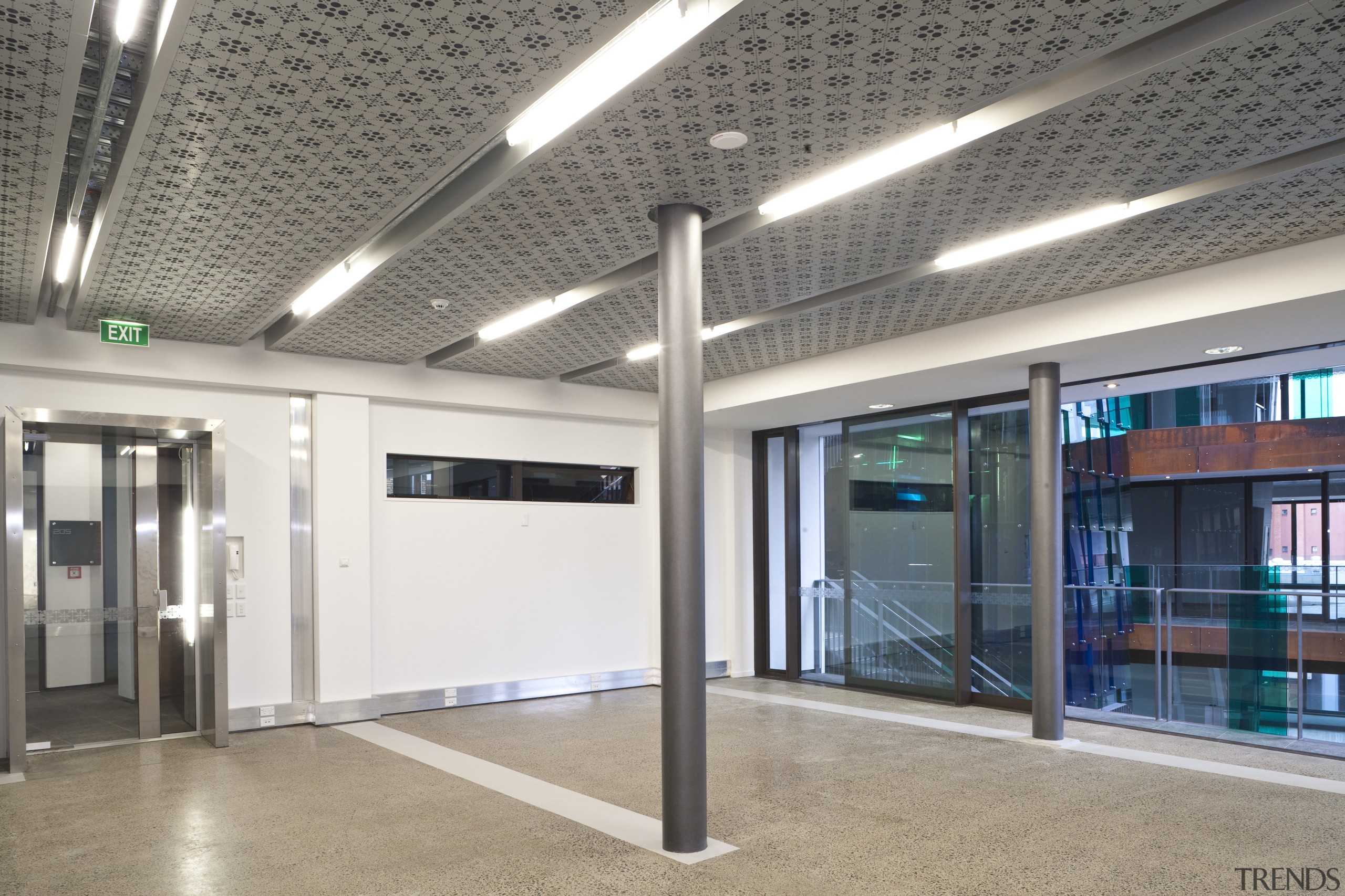 Interior view of the Ironbank building which features ceiling, daylighting, door, glass, gray