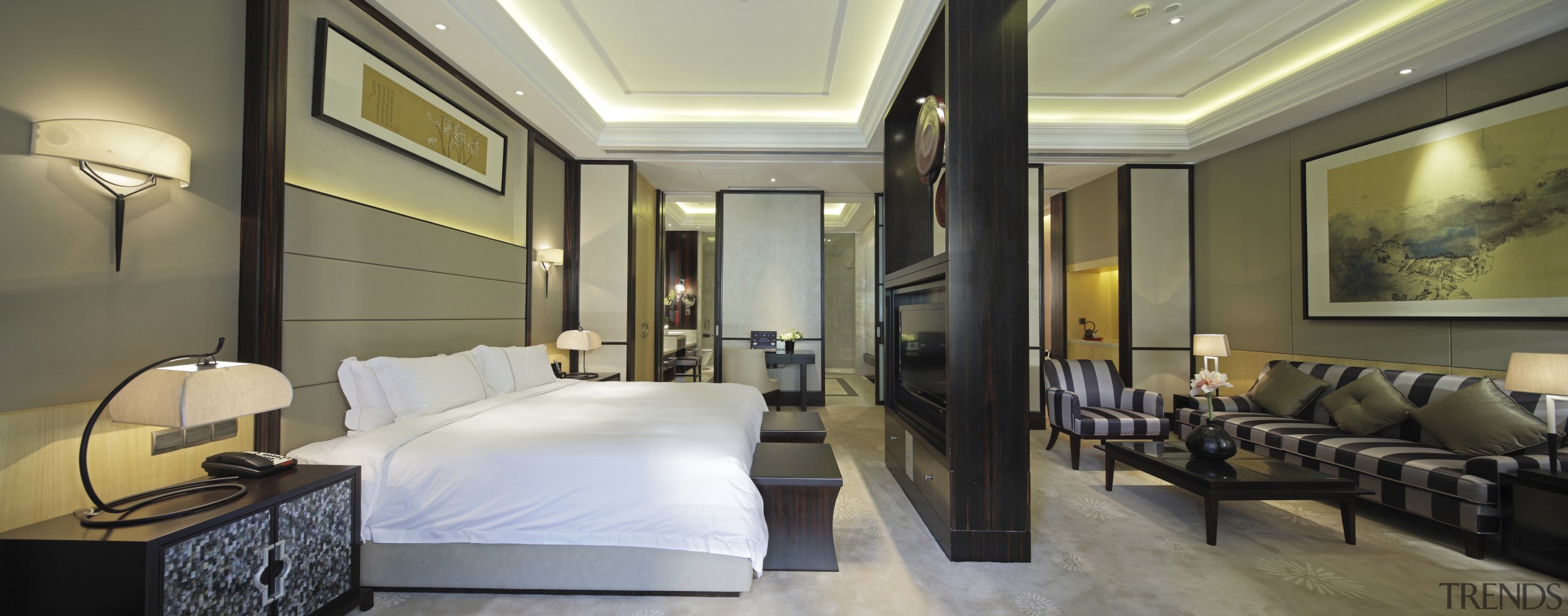 View of bedroom with white duvet and lounge ceiling, interior design, room, suite, gray