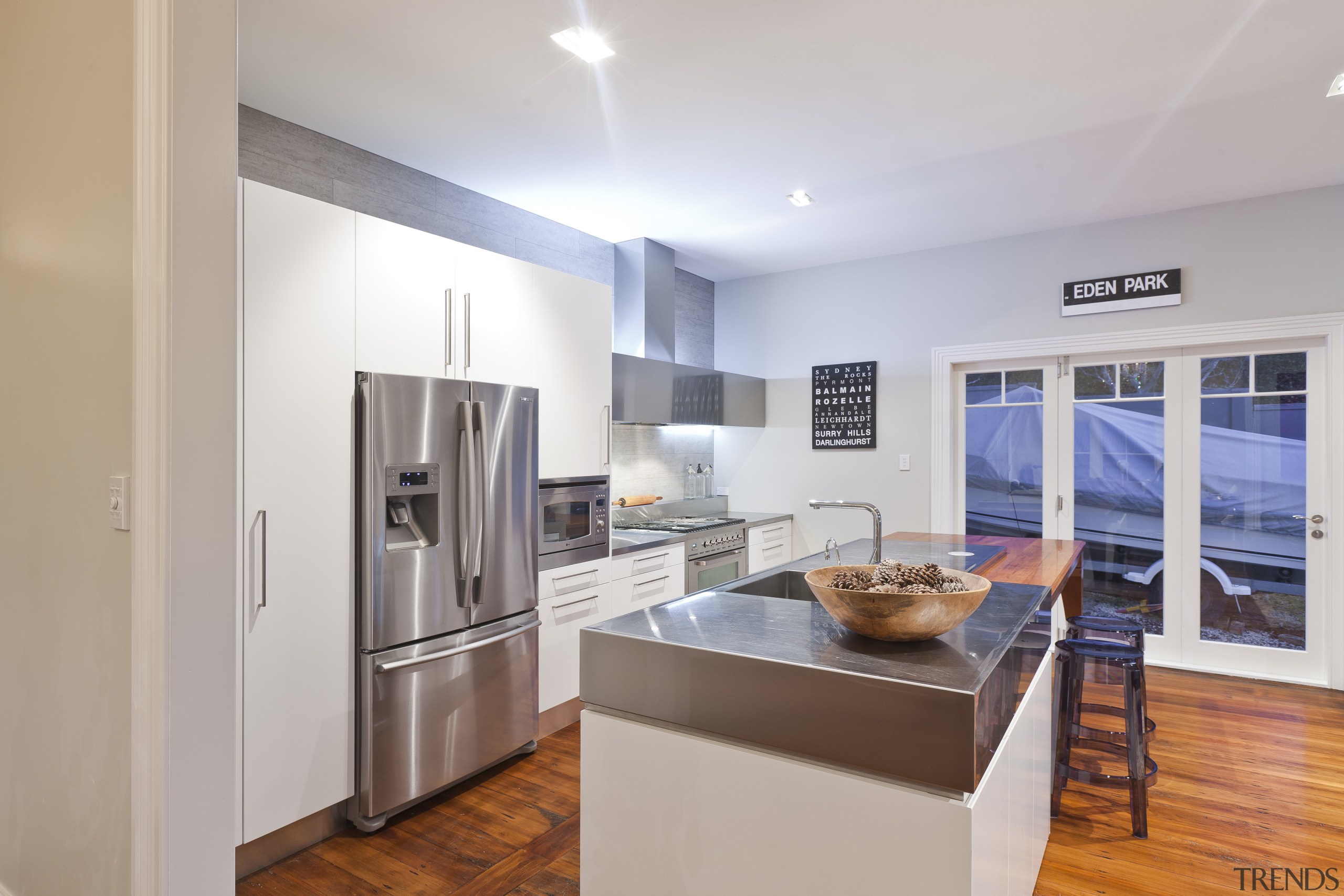 View of contemporary renovated kitchen featuring timber floors, countertop, interior design, kitchen, property, real estate, room, gray